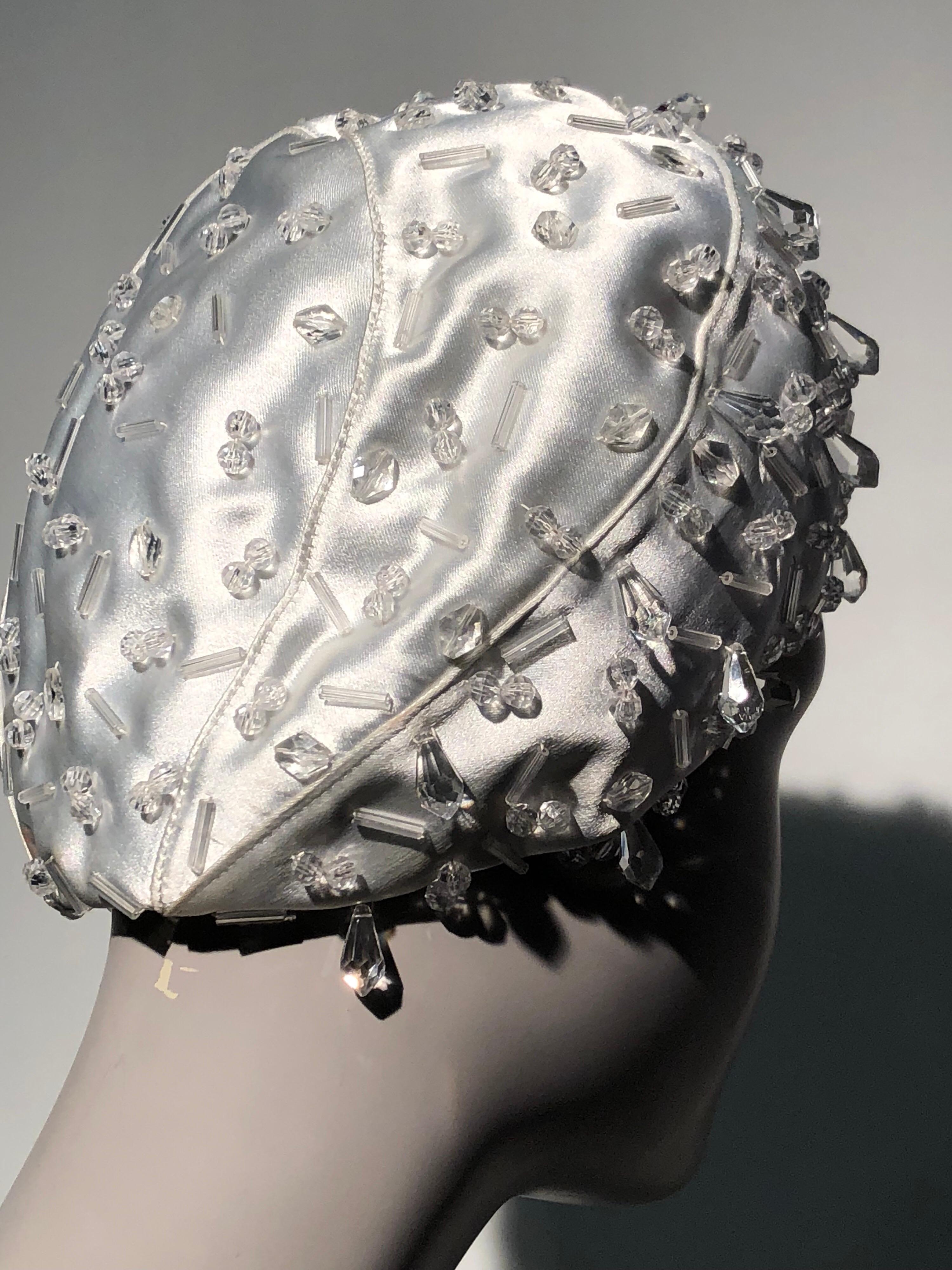 1960s Christian Dior Silver-White Satin Petite Bubble Hat W/ Sparkling Beadwork 2