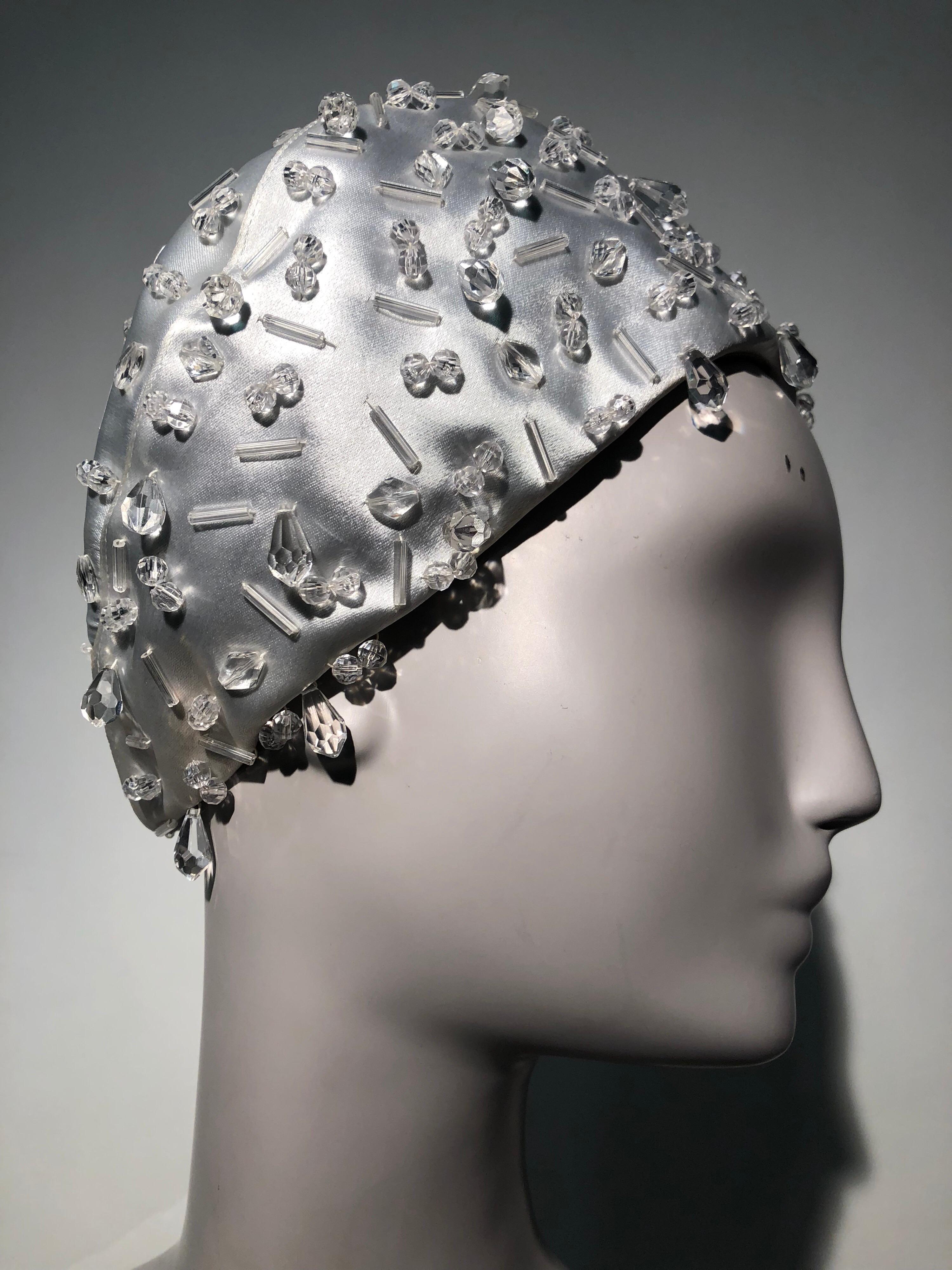 1960s Christian Dior Silver-White Satin Petite Bubble Hat W/ Sparkling Beadwork 4