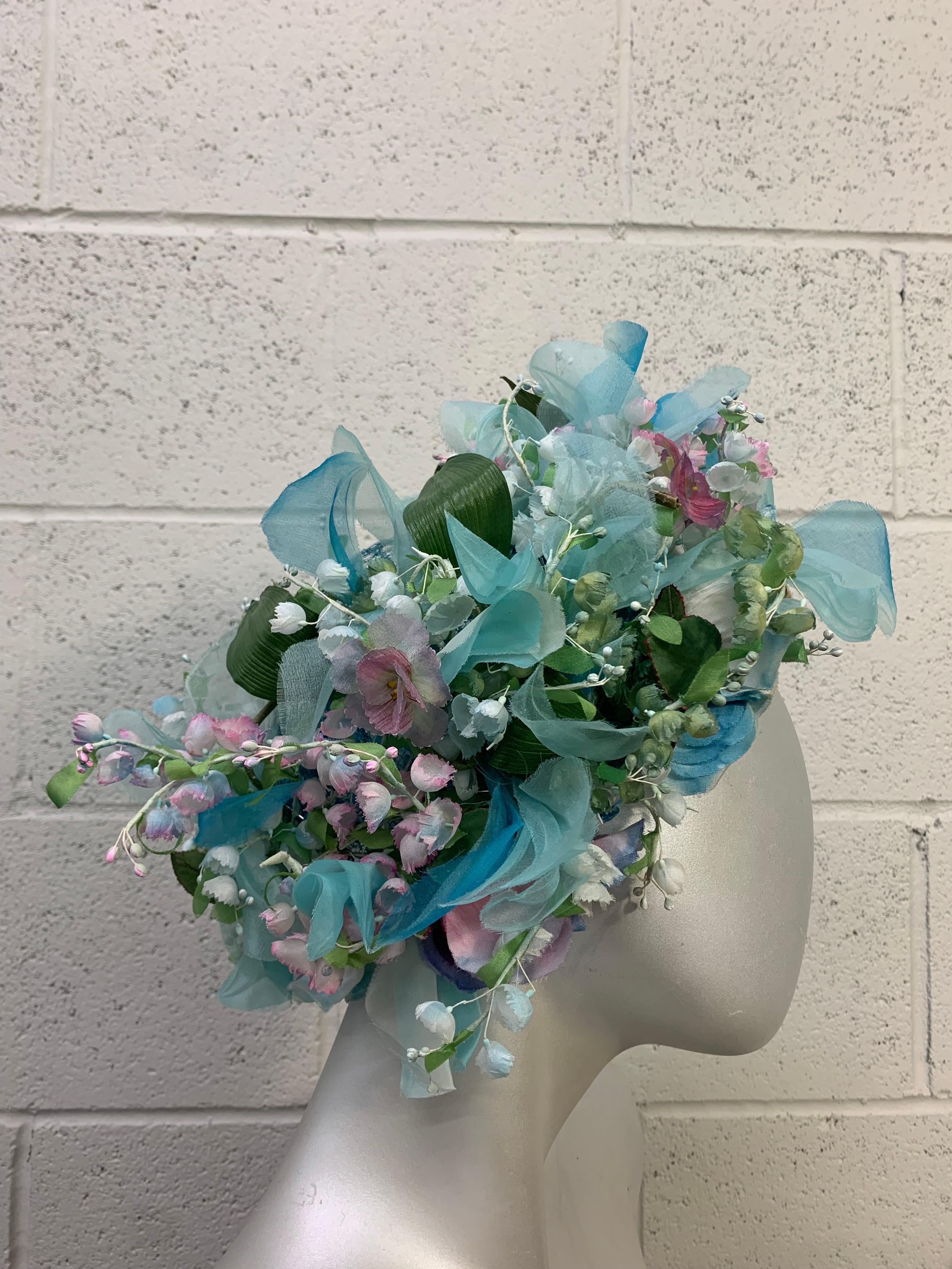 1960s Christian Dior Spectacular Floral Wreath / Turban Hat Turquoise & Purples In Excellent Condition For Sale In Gresham, OR