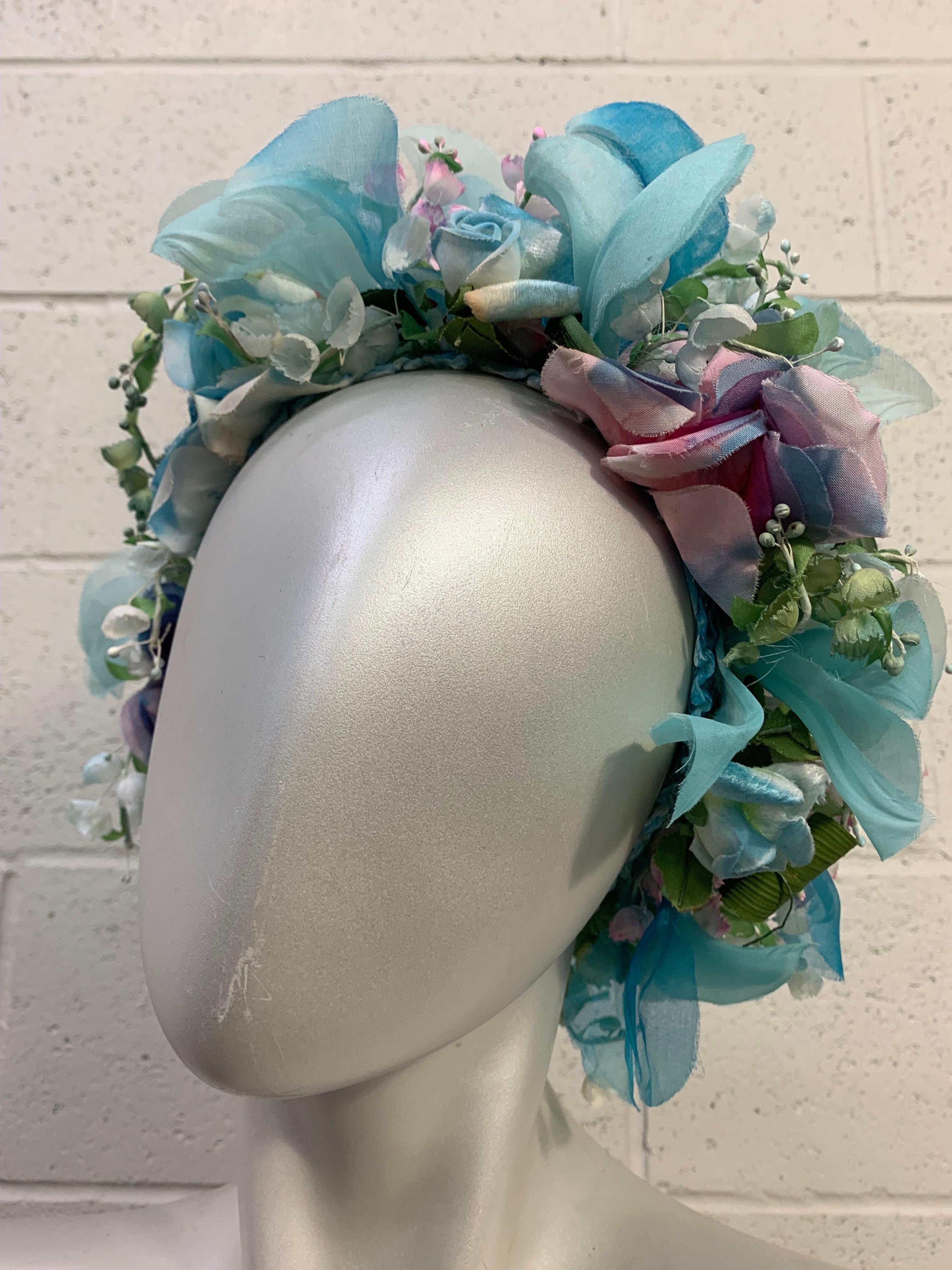 Women's 1960s Christian Dior Spectacular Floral Wreath / Turban Hat Turquoise & Purples For Sale