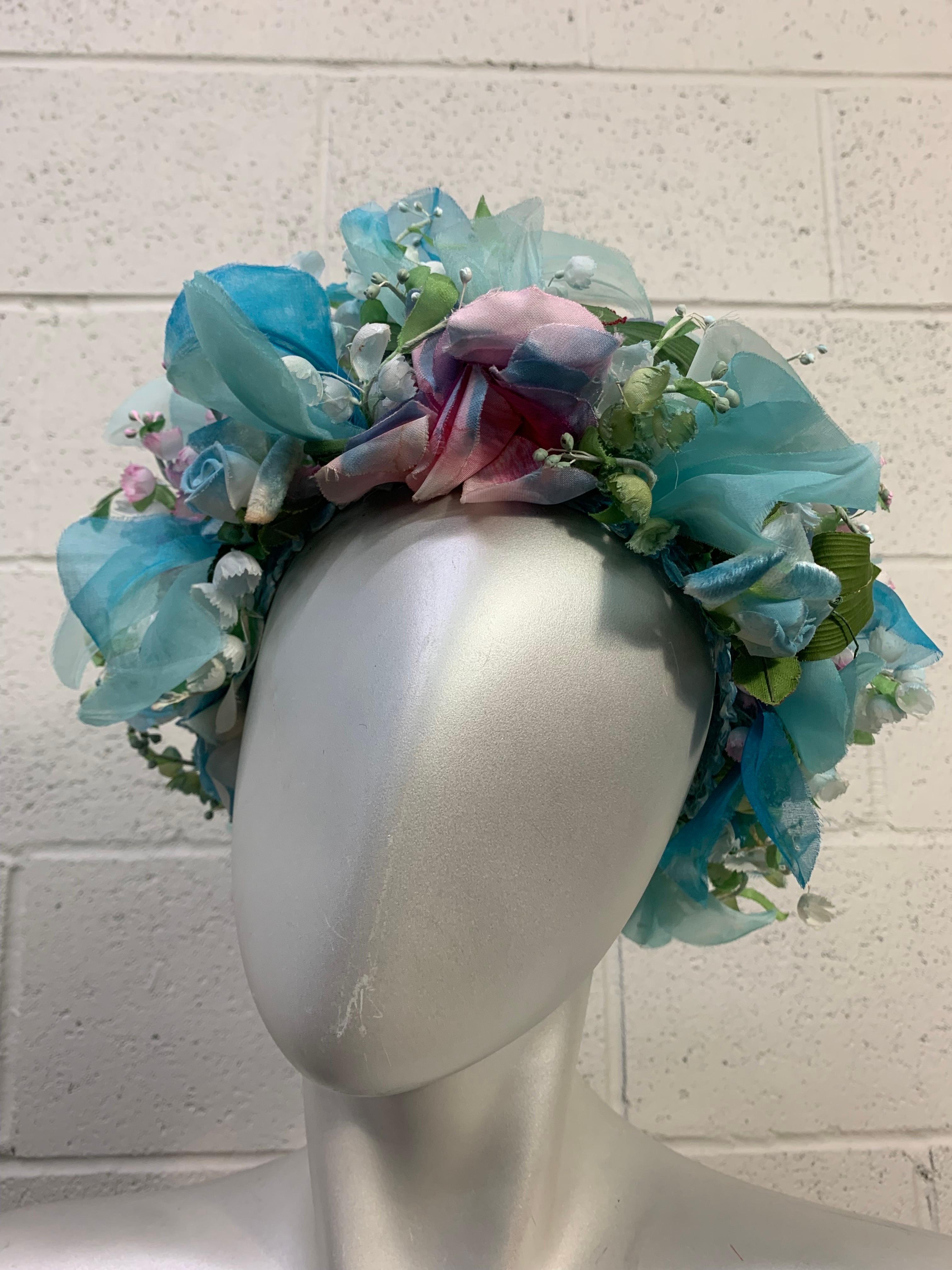 1960s Christian Dior Spectacular Floral Wreath / Turban Hat Turquoise & Purples For Sale 4