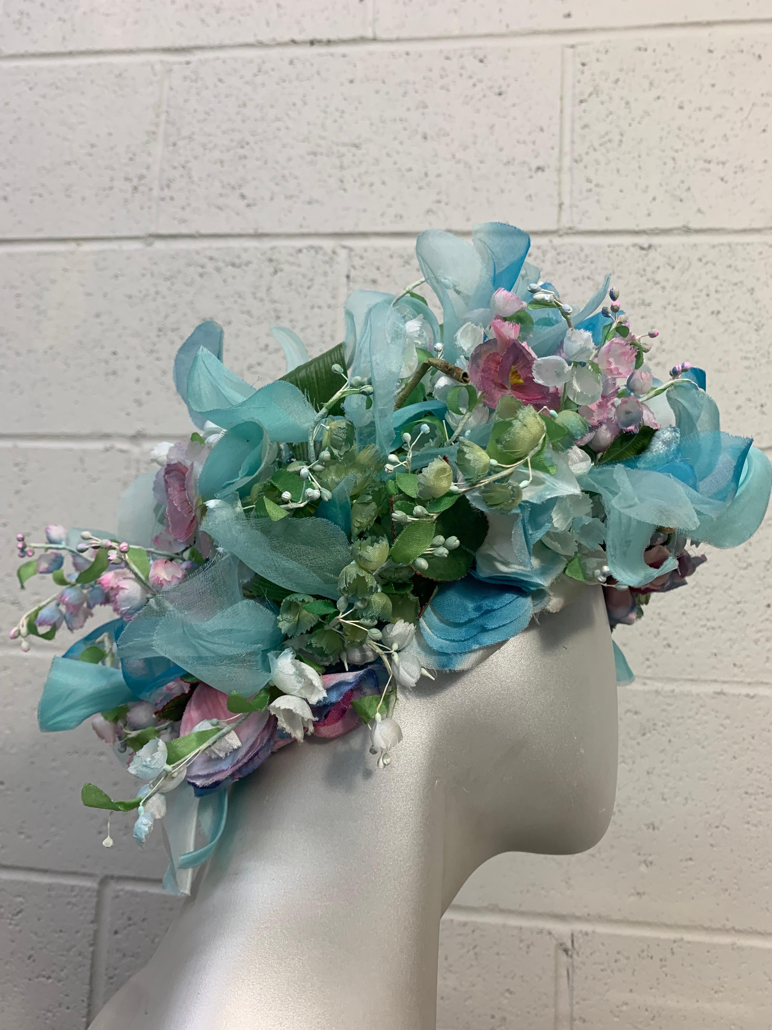 1960s Christian Dior Spectacular Floral Wreath / Turban Hat Turquoise & Purples For Sale 5