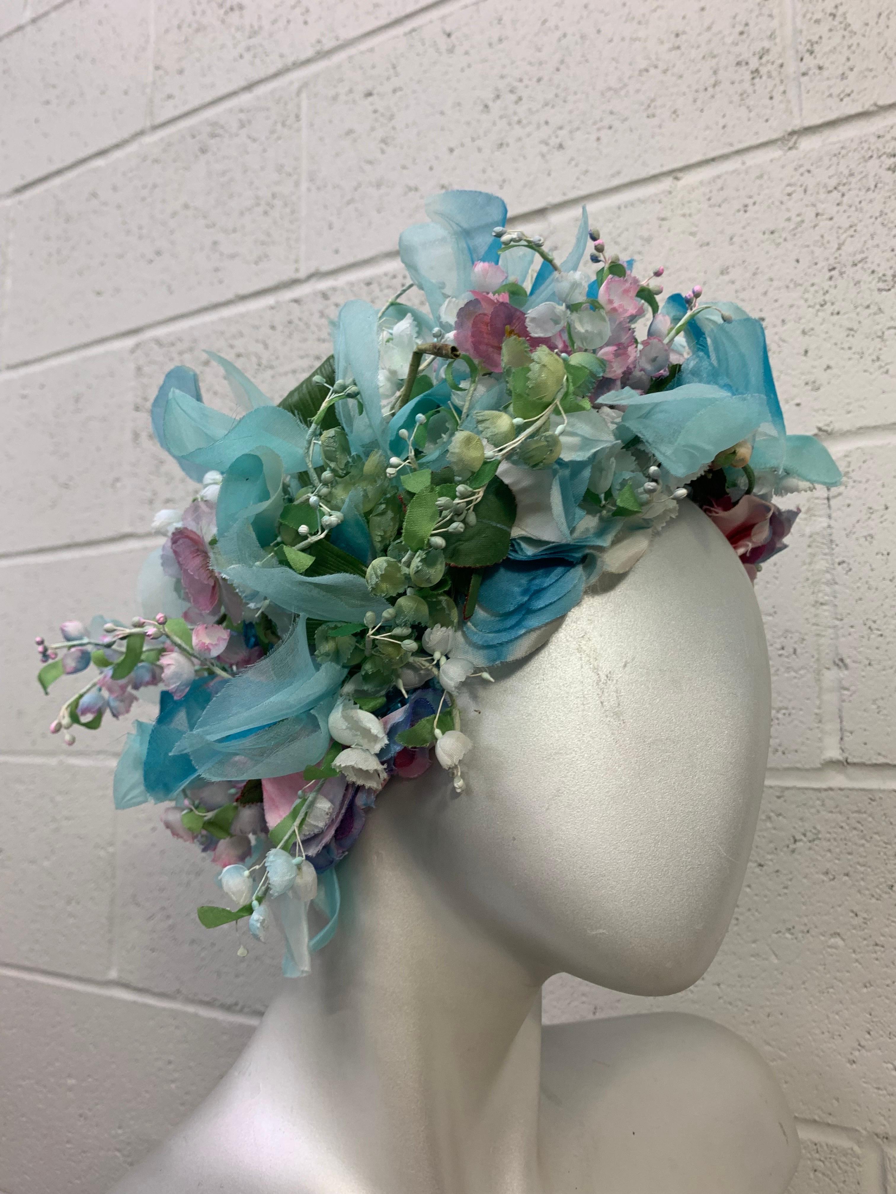 1960s Christian Dior Spectacular Floral Wreath / Turban Hat Turquoise & Purples For Sale