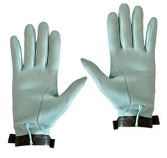 1960s Christian Dior Vintage Sky Blue Leather Gloves with Black Bow