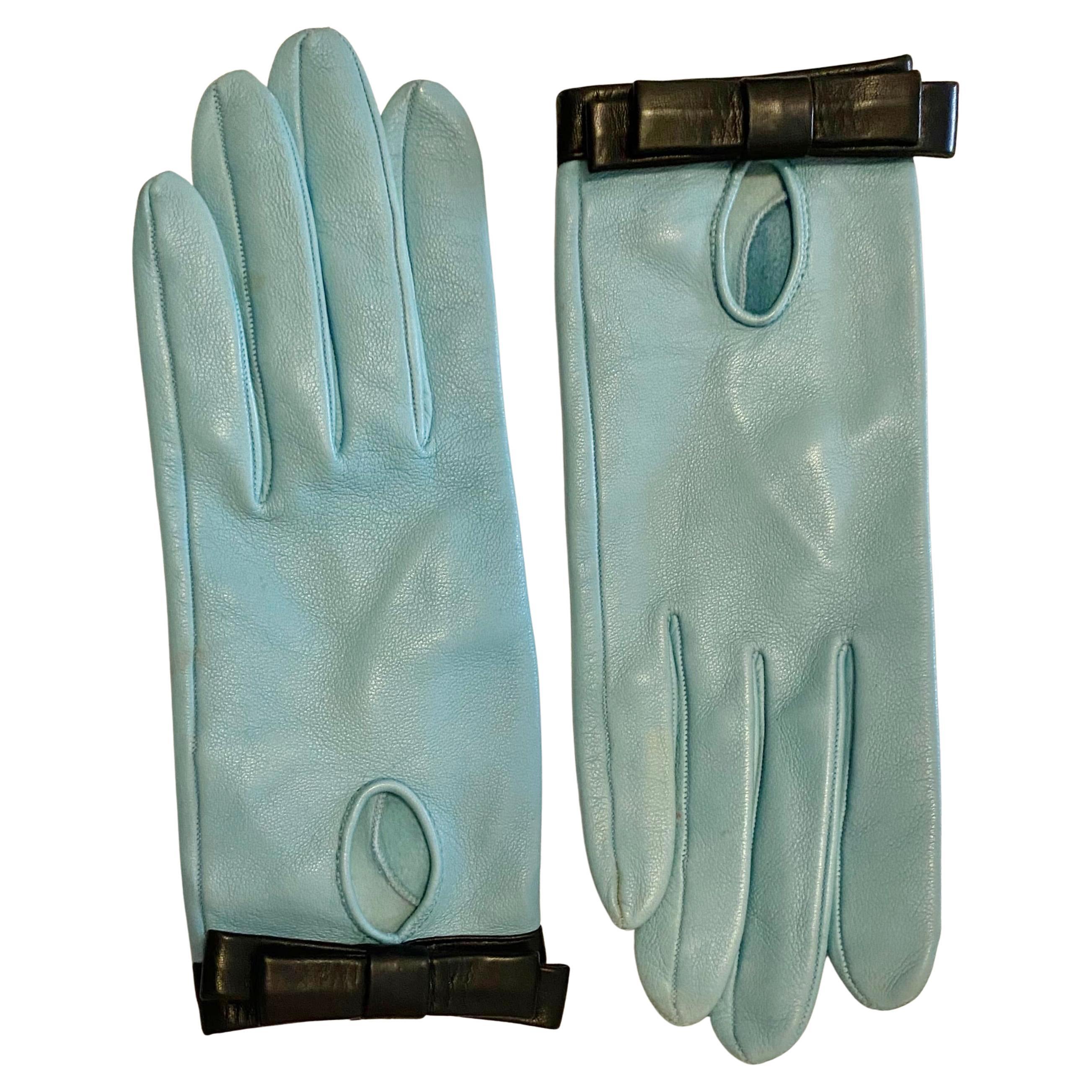 Women's 1960s Christian Dior Vintage Sky Blue Leather Gloves with Black Bow For Sale