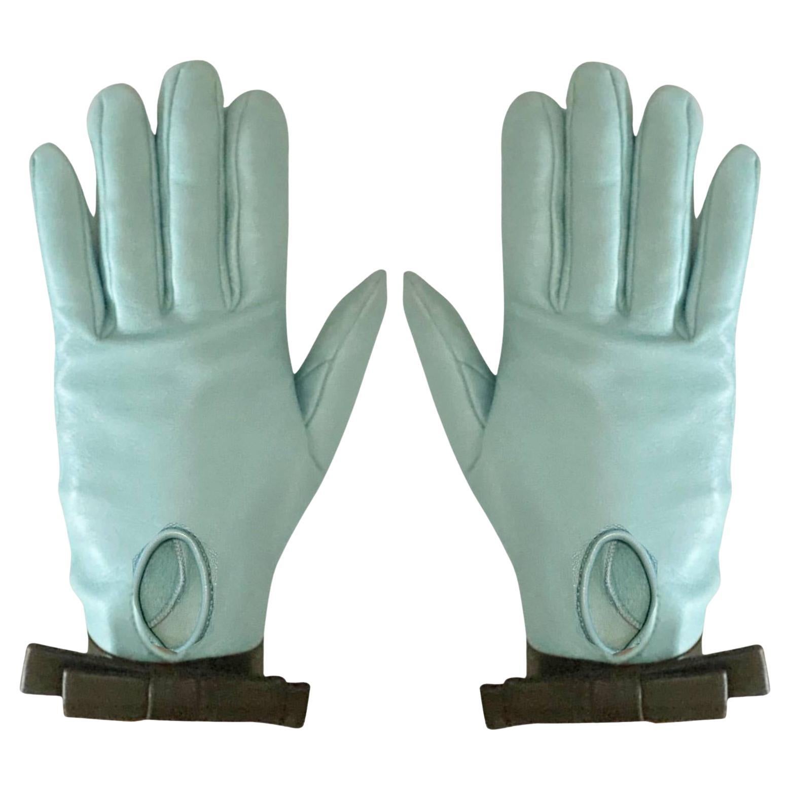 1960s Christian Dior Vintage Sky Blue Leather Gloves with Black Bow For Sale