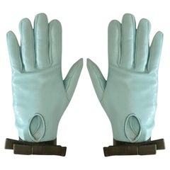 1960s Christian Dior Vintage Sky Blue Leather Gloves with Black Bow