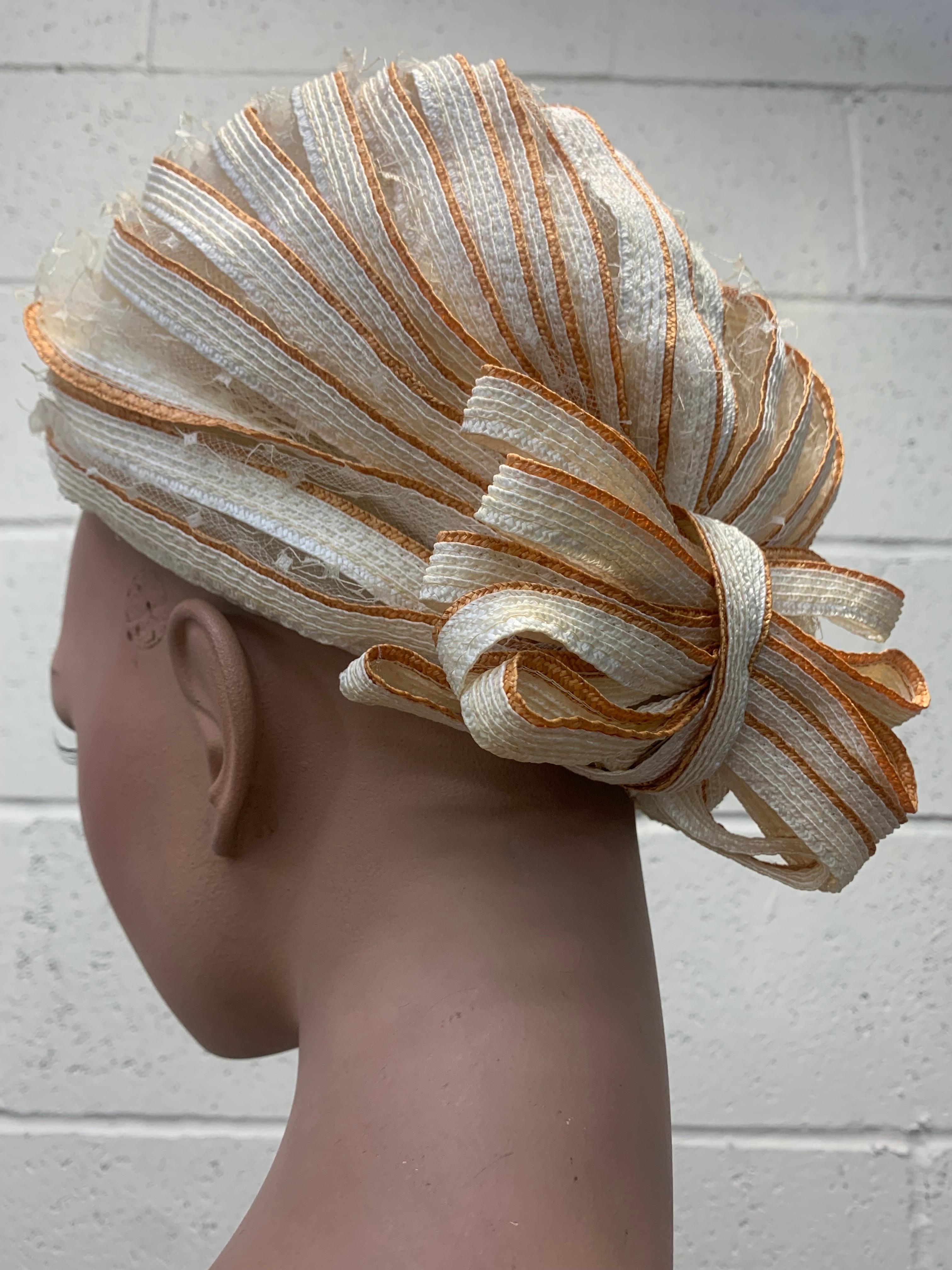 1960s Christian Dior White Striped Straw Turban w Straw Bows at Back:  White straw ribbons with natural straw at edge are backed by a delicate veiling understructure. Designed by Marc Bohan for Christian Dior. Size M. 