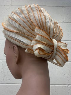 1960s Christian Dior White Striped Straw Turbanw Straw Bows at Back