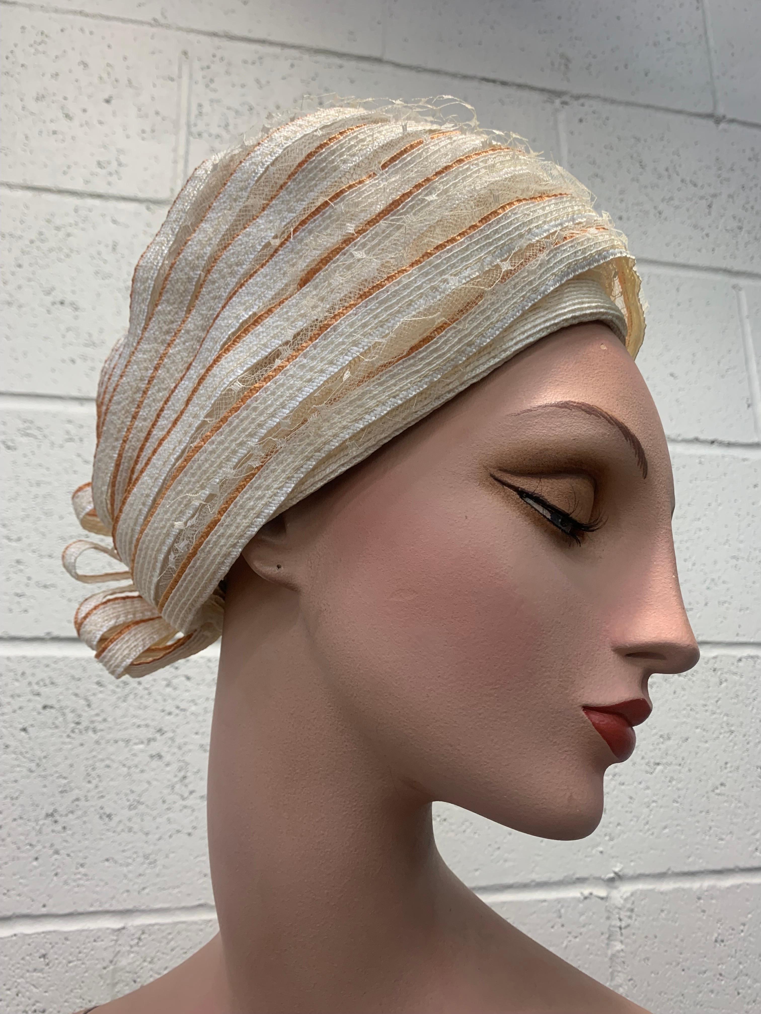1960s Christian Dior White Striped Straw Turbanw Straw Bows at Back  In Excellent Condition For Sale In Gresham, OR