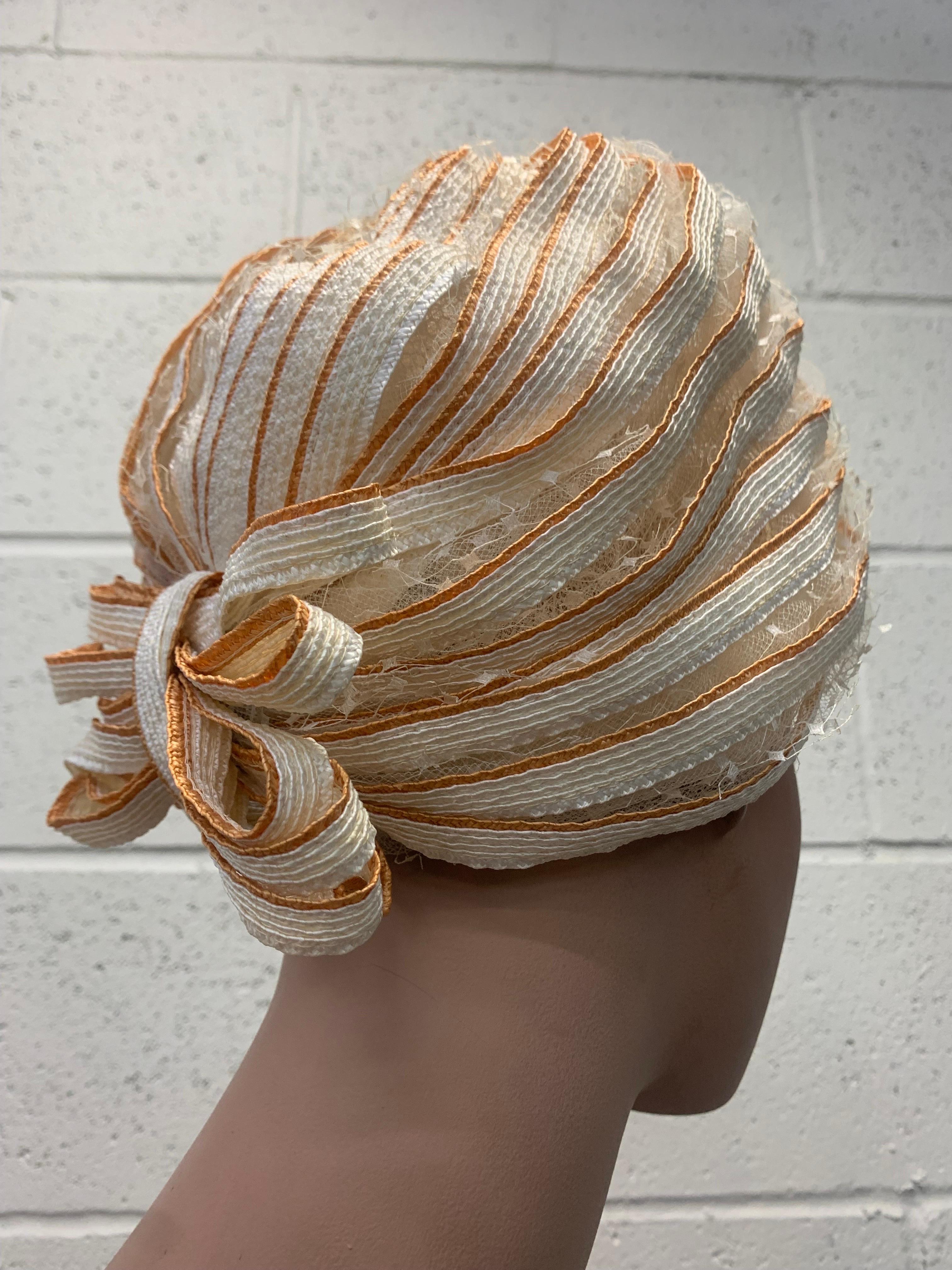 Women's 1960s Christian Dior White Striped Straw Turbanw Straw Bows at Back  For Sale