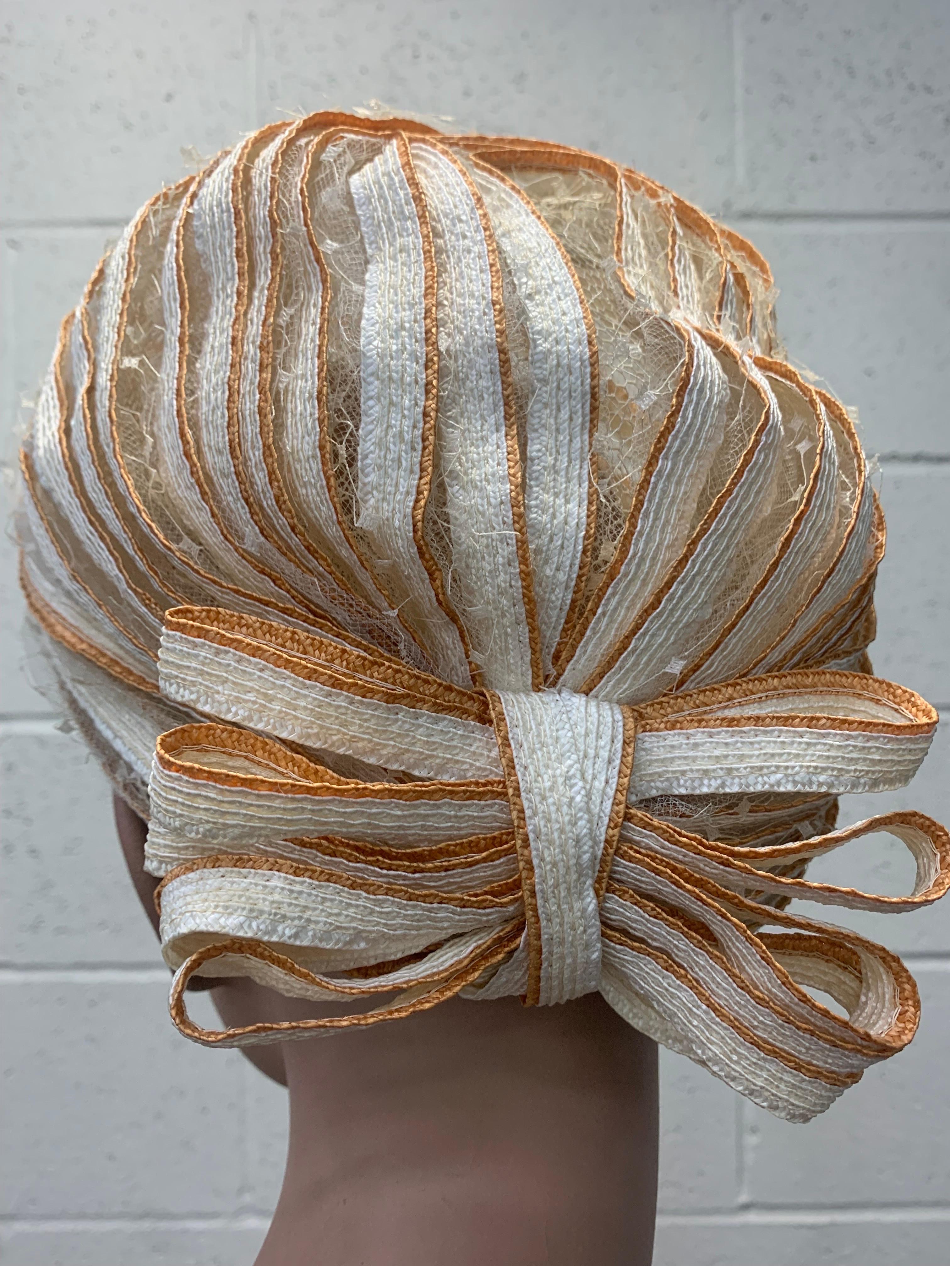 1960s Christian Dior White Striped Straw Turbanw Straw Bows at Back  For Sale 1