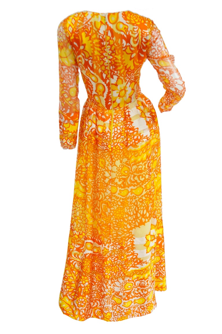 1960s Christian Dior Yellow, Orange and Red Floral Silk Maxi Dress 1