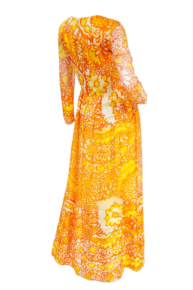 1960s Christian Dior Yellow, Orange and Red Floral Silk Maxi Dress 2