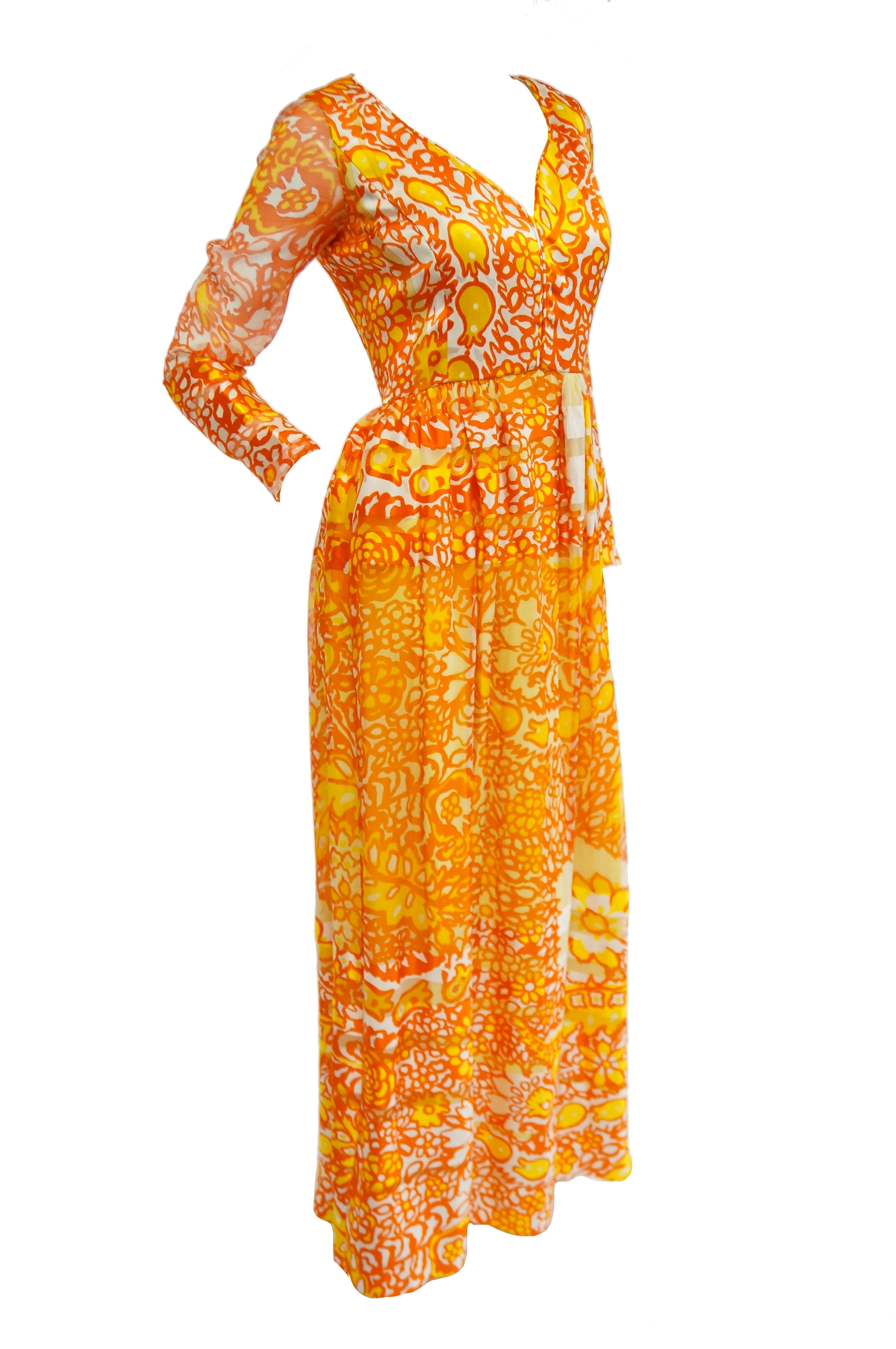 Women's 1960s Christian Dior Yellow, Orange and Red Floral Silk Maxi Dress