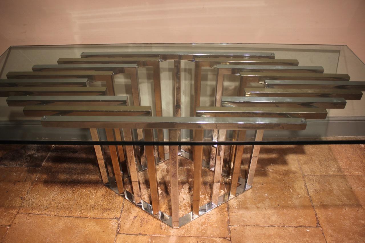 20th Century 1960s Chrome and Brass Centre or Dining Table with Glass Top For Sale