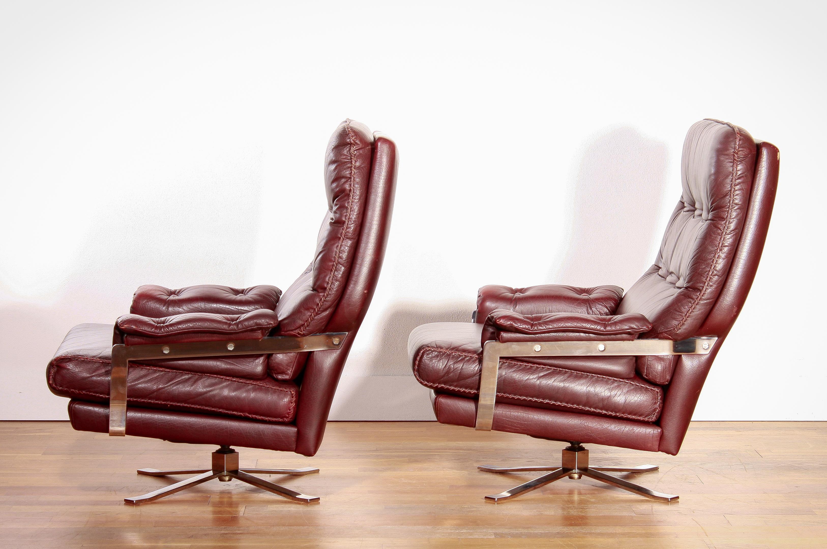 1960s, Chrome and Leather Swivel Lounge Chairs and Ottoman by Arne Norell 3