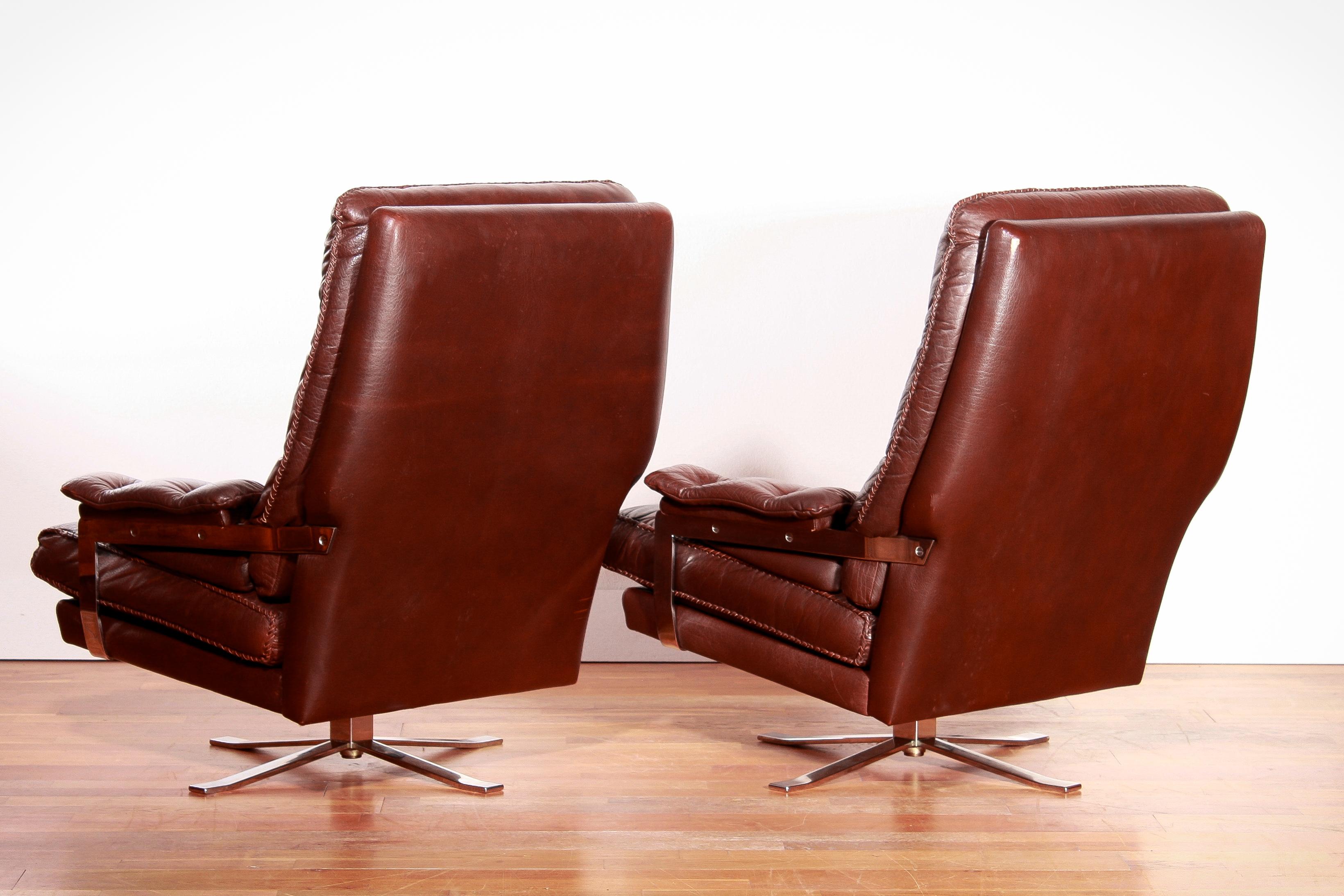 1960s, Chrome and Leather Swivel Lounge Chairs and Ottoman by Arne Norell 4