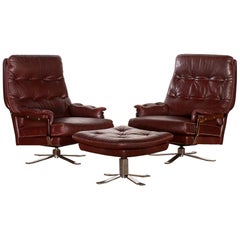 1960s, Chrome and Leather Swivel Lounge Chairs and Ottoman by Arne Norell