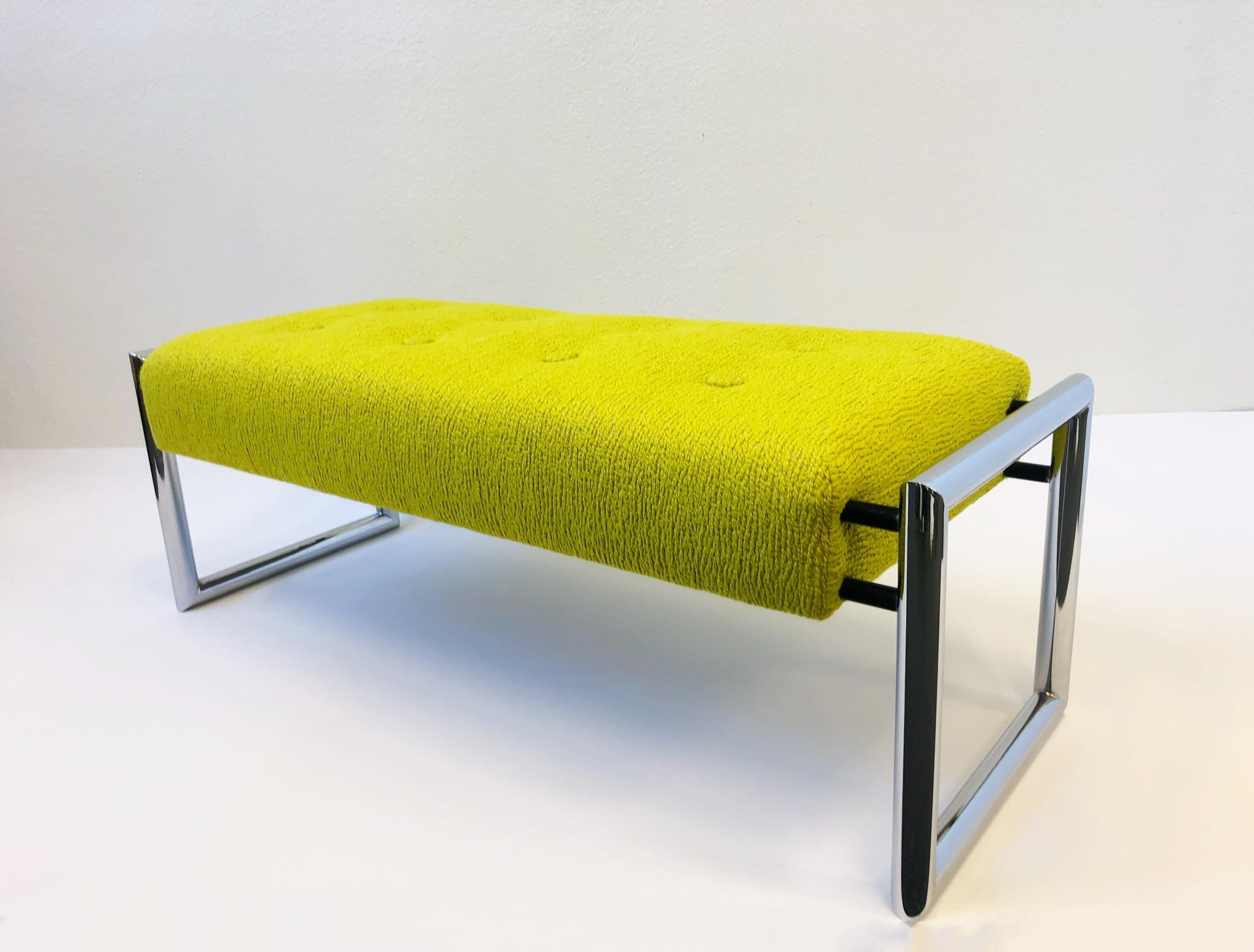 A glamorous polish chrome and chartreuse bench from the 1960s. The bench has been newly recovered in a beautiful chartreuse nubby fabric. The chrome shows minor wear.
Dimension: 17” high, 19” deep, 49” wide.