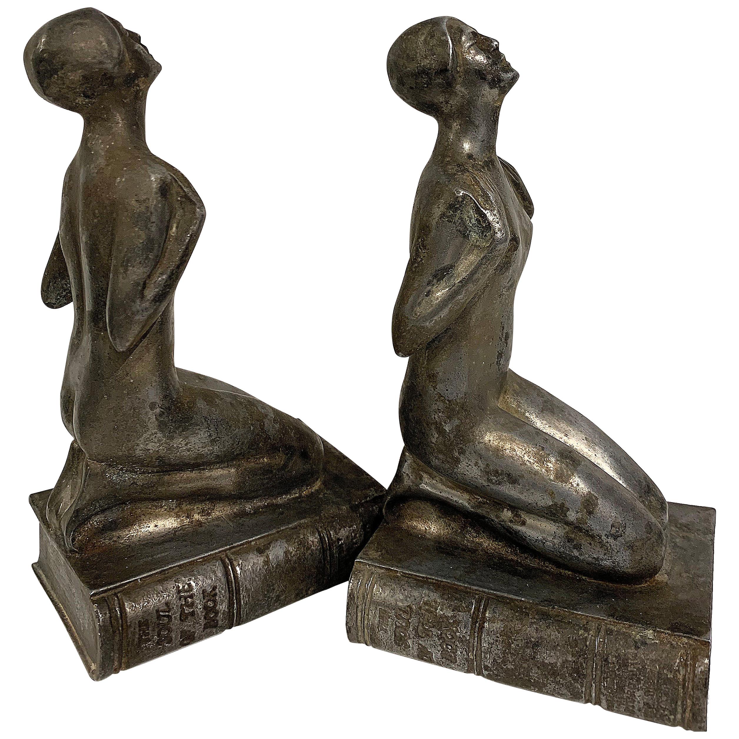 1925 Chrome Female Bookends, "The Soul of The Book" by Arturo Levi