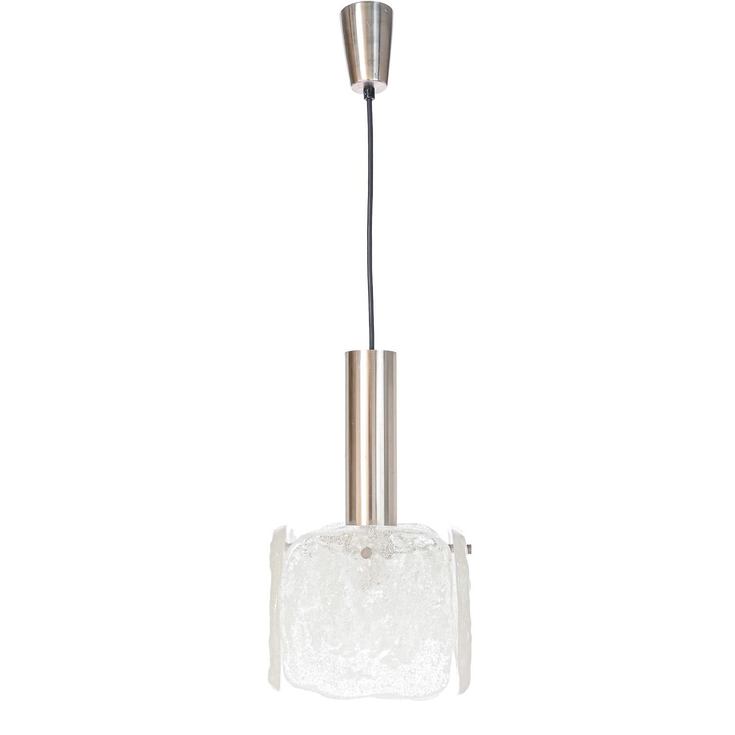 Stunning design, pendant has 4 large squares of white, opaque textured glass (each approximately 17cm x 17m) provides a nicely diffuse light. Manufactured by Kalmar, Austria in the 1960s.