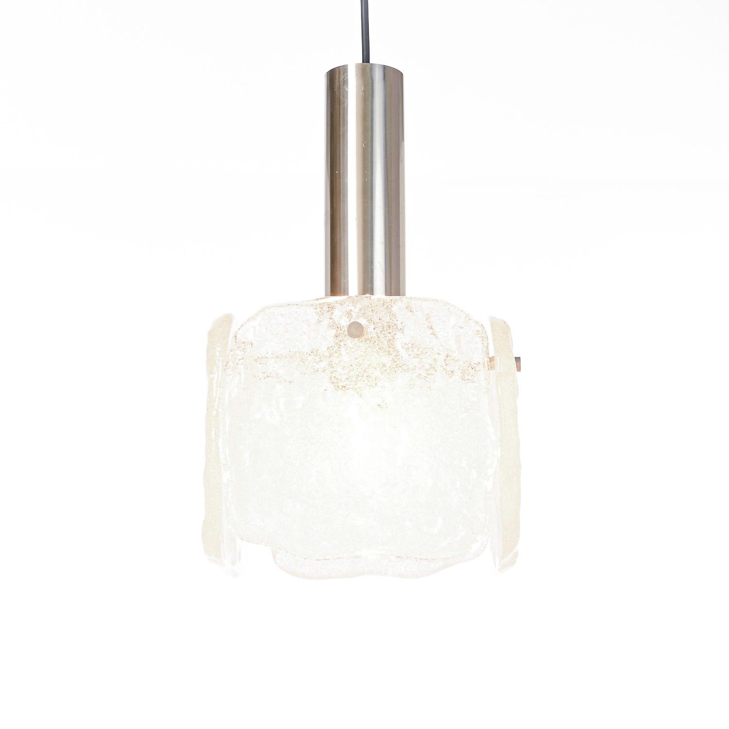 Mid-Century Modern 1960's Chrome & Frosted Ice Glass panels Pendant by Kalmar For Sale