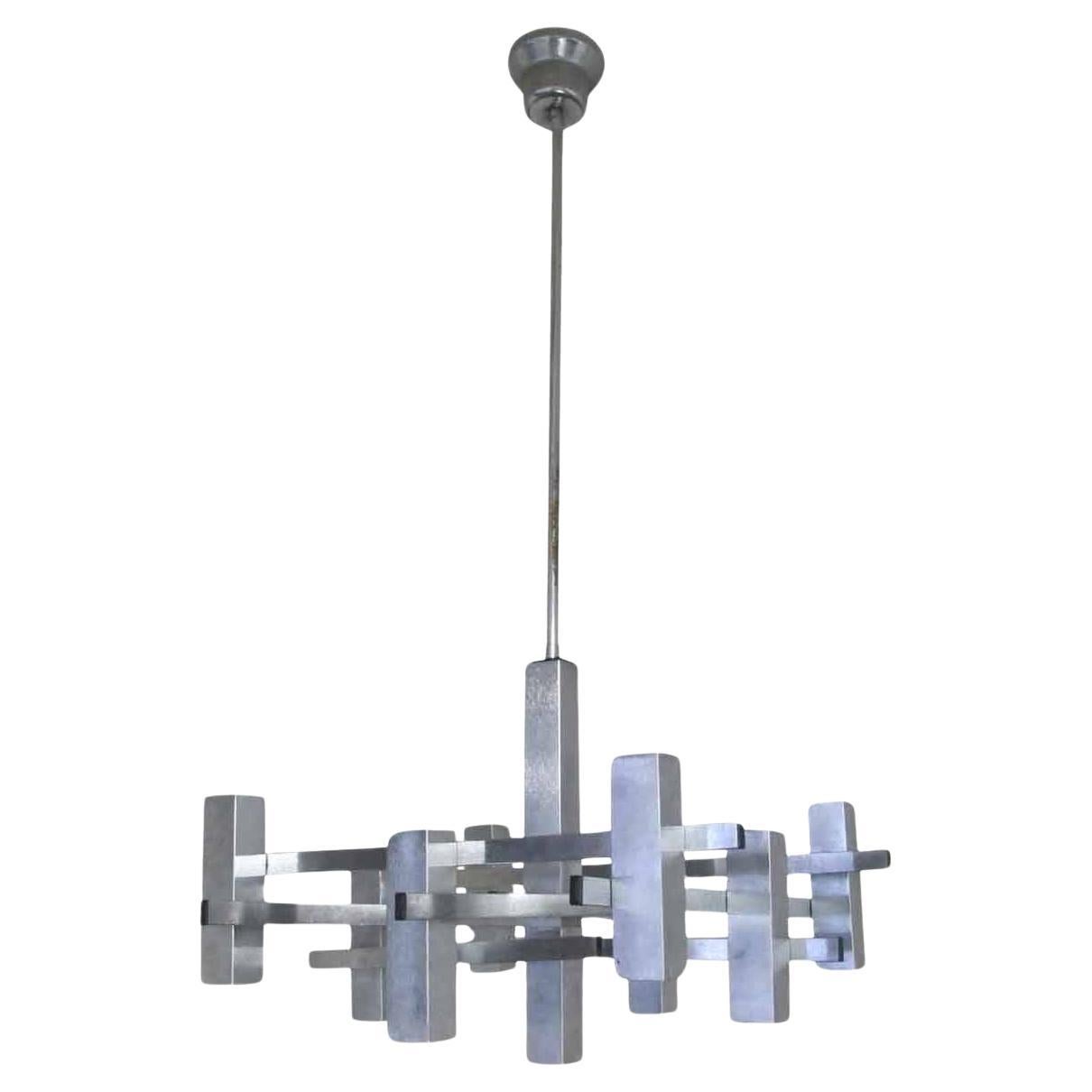 1960s chrome-plated Gaetano Sciolari Cubist, MCM Brutalist Pendant light, Italy