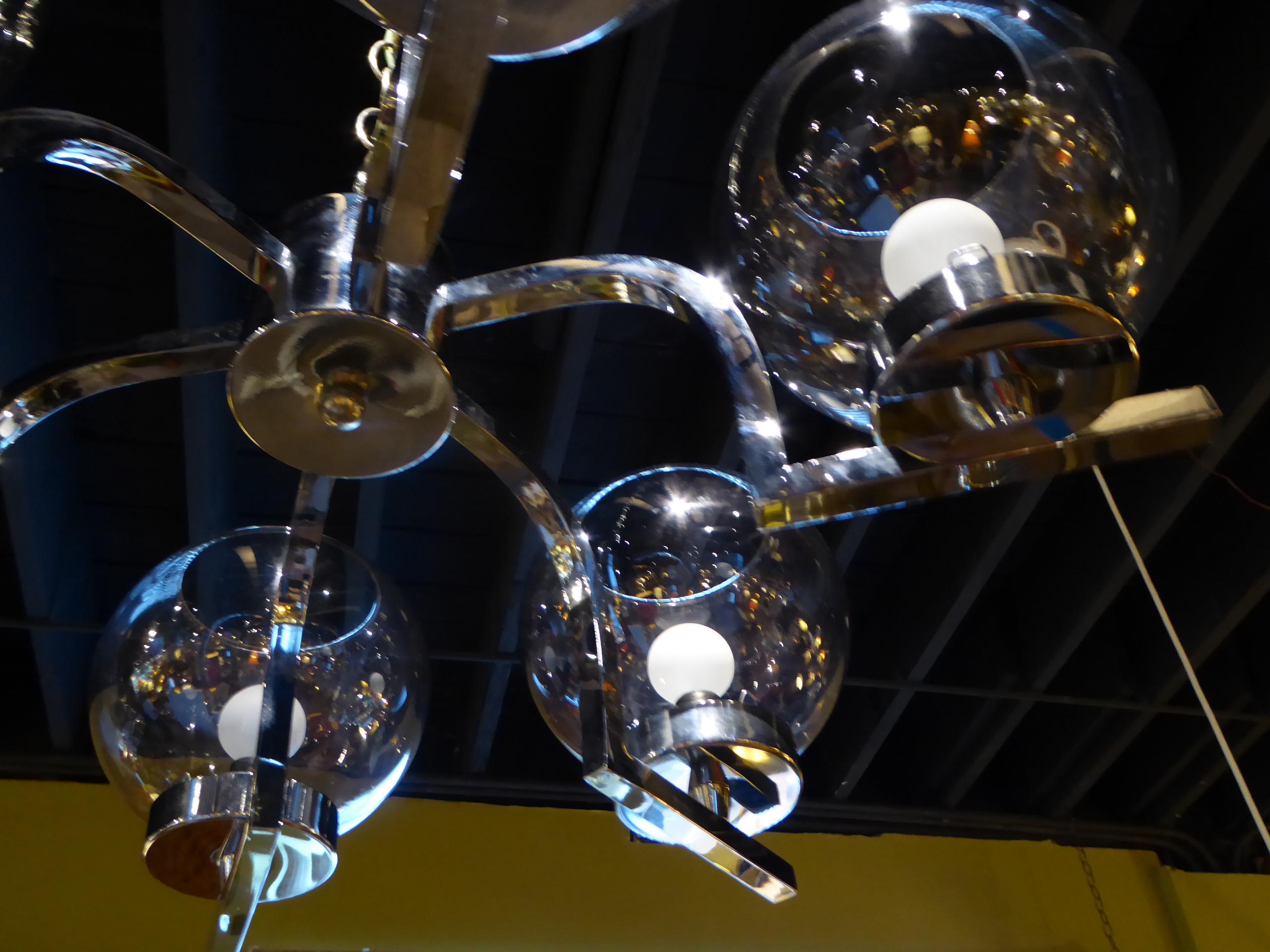 1960s Chrome and Smoked Glass Ball Globe Six-Light Modern Chandelier 1