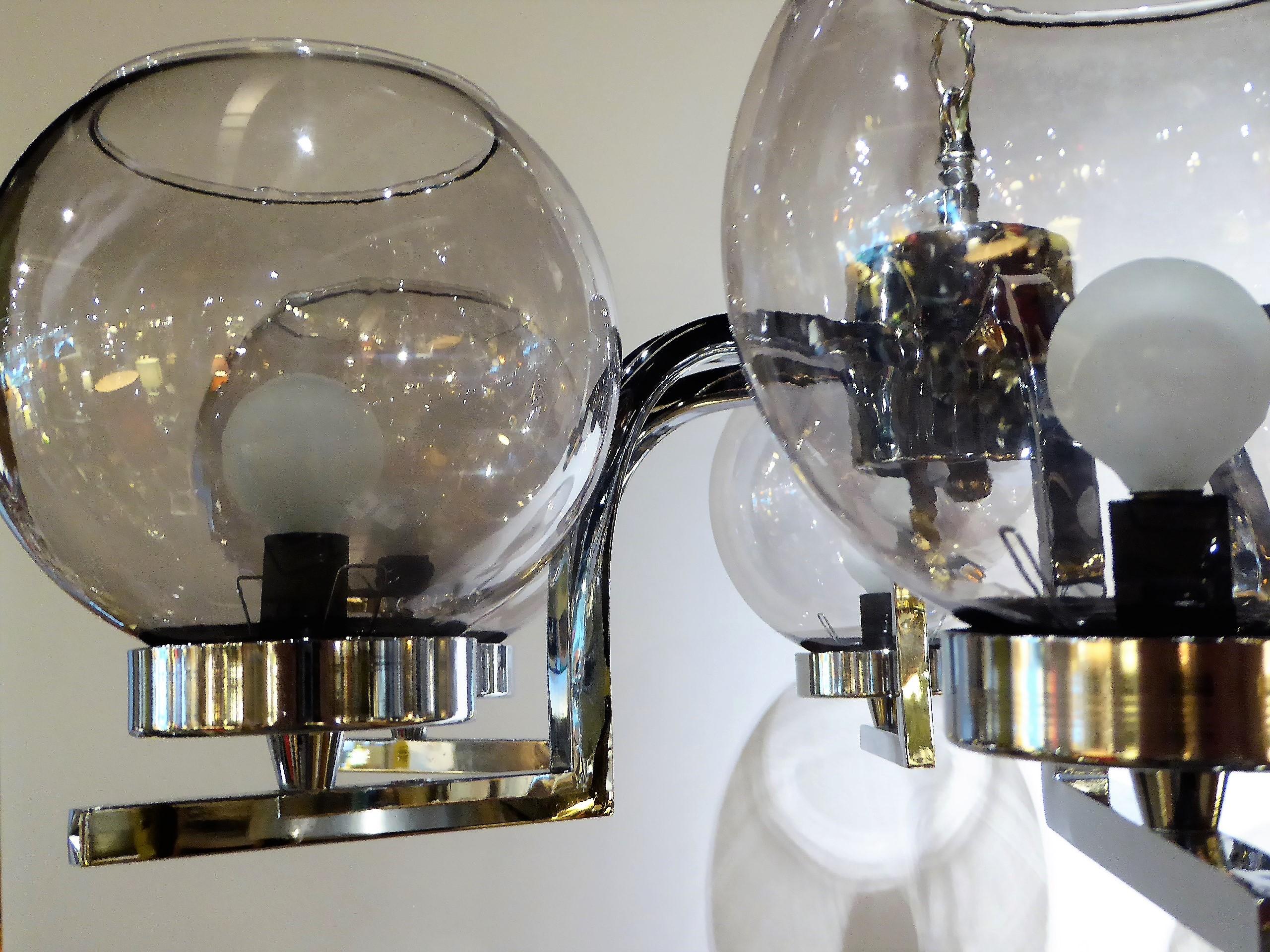 American 1960s Chrome and Smoked Glass Ball Globe Six-Light Modern Chandelier