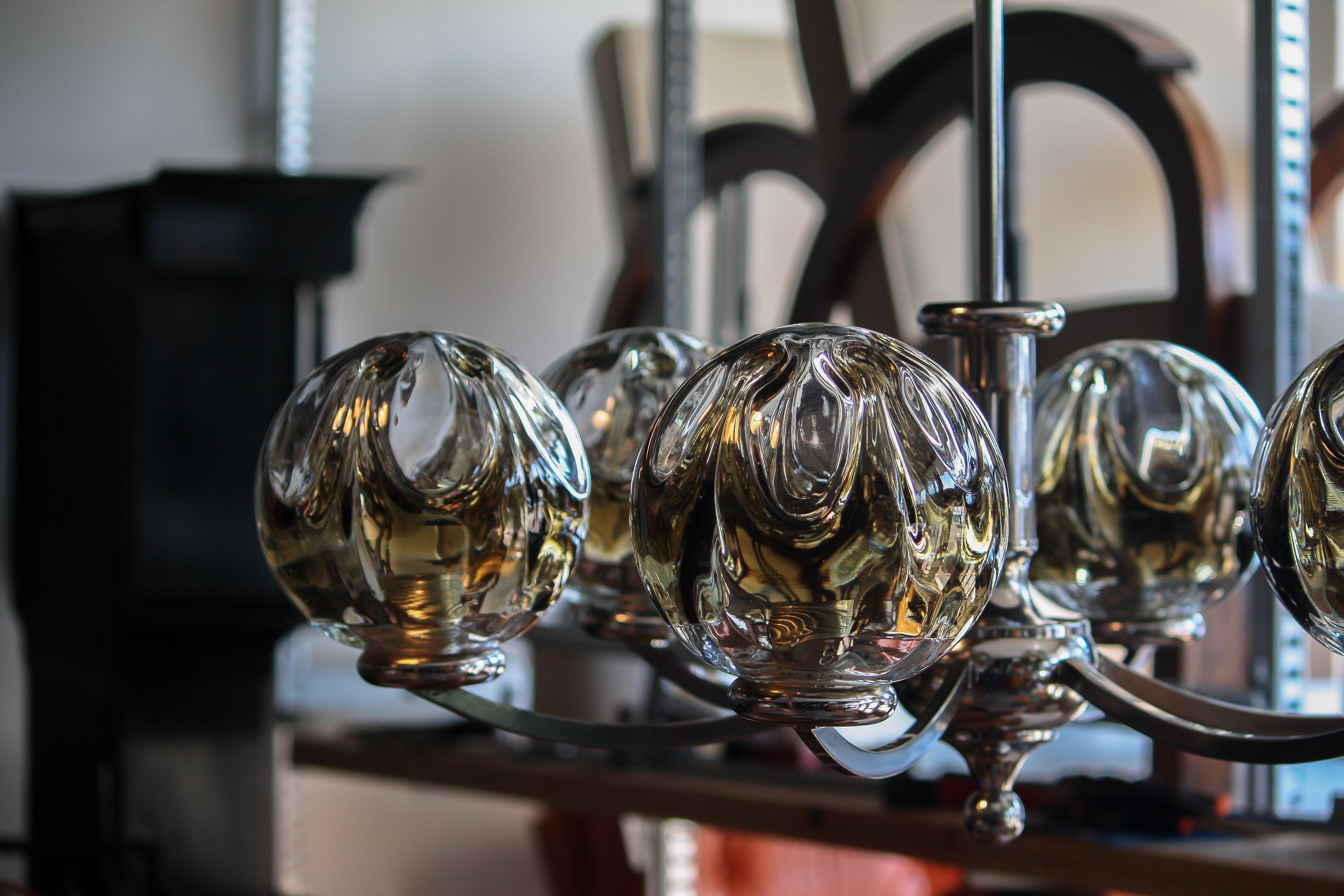 1960s, Chromed Chandelier with Six Crystal Mazzega Globes by Kaiser Leuchten 5