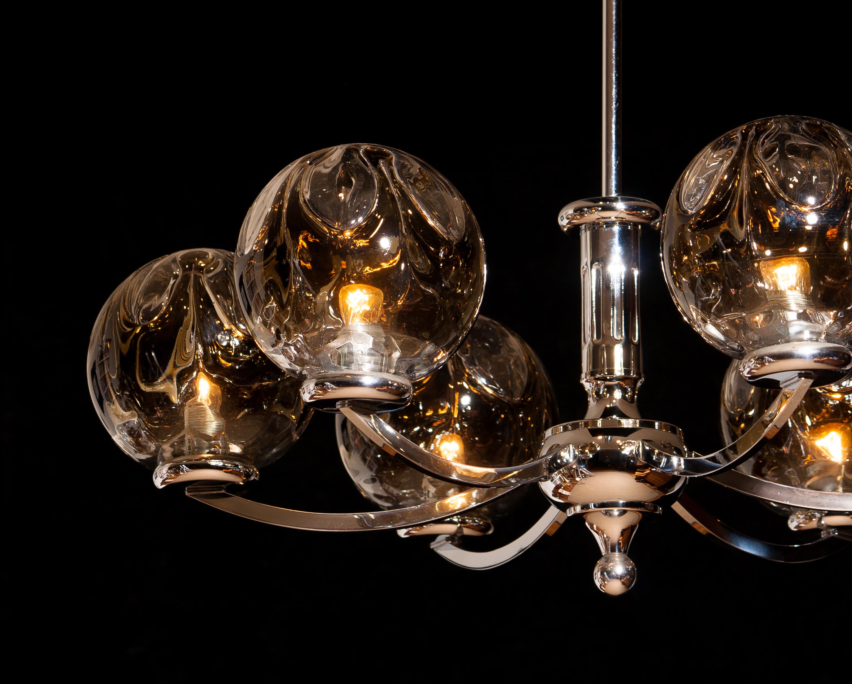 German 1960s, Chromed Chandelier with Six Crystal Mazzega Globes by Kaiser Leuchten