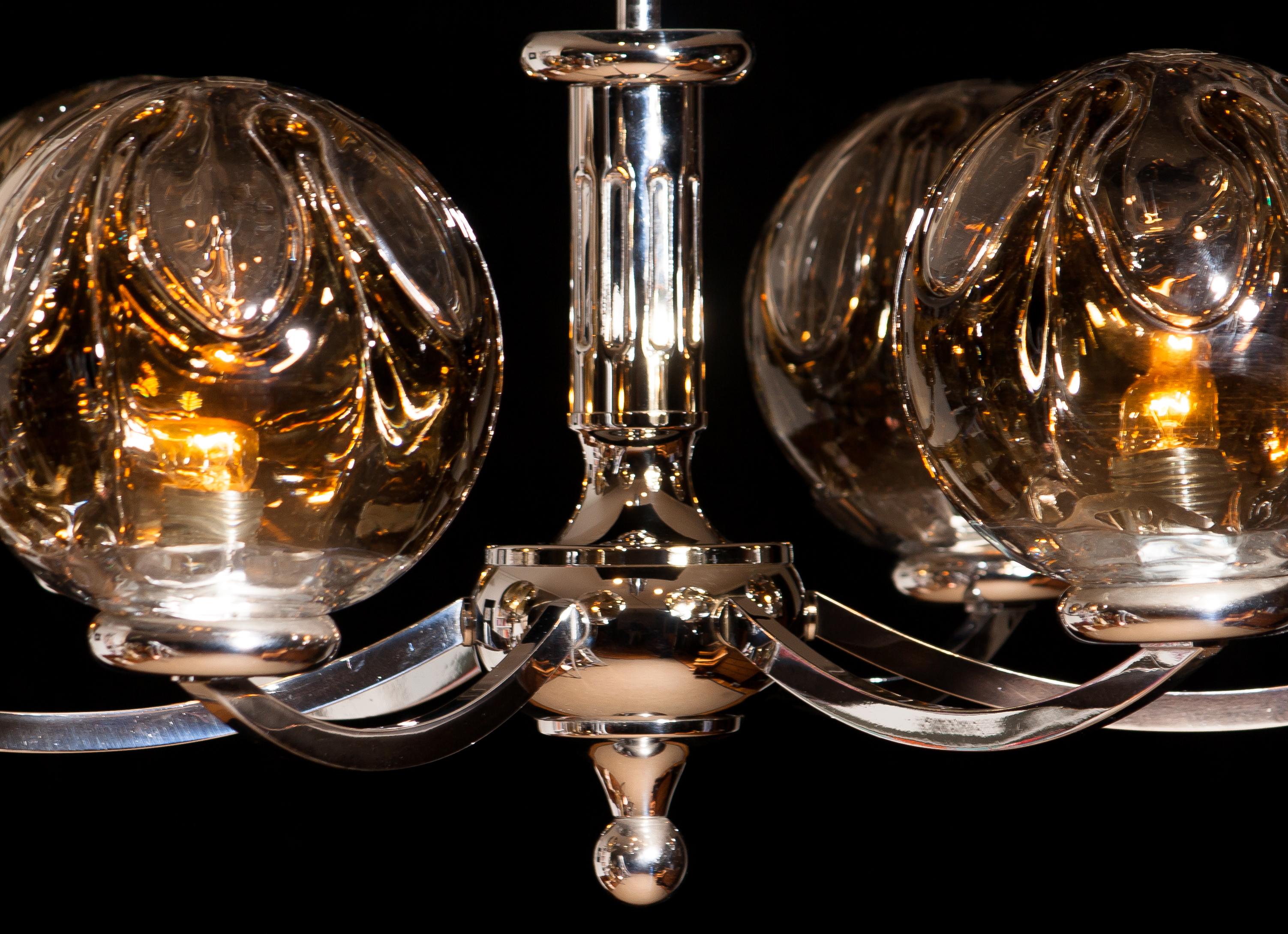 German 1960s, Chromed Chandelier with Six Crystal Mazzega Globes by Kaiser Leuchten