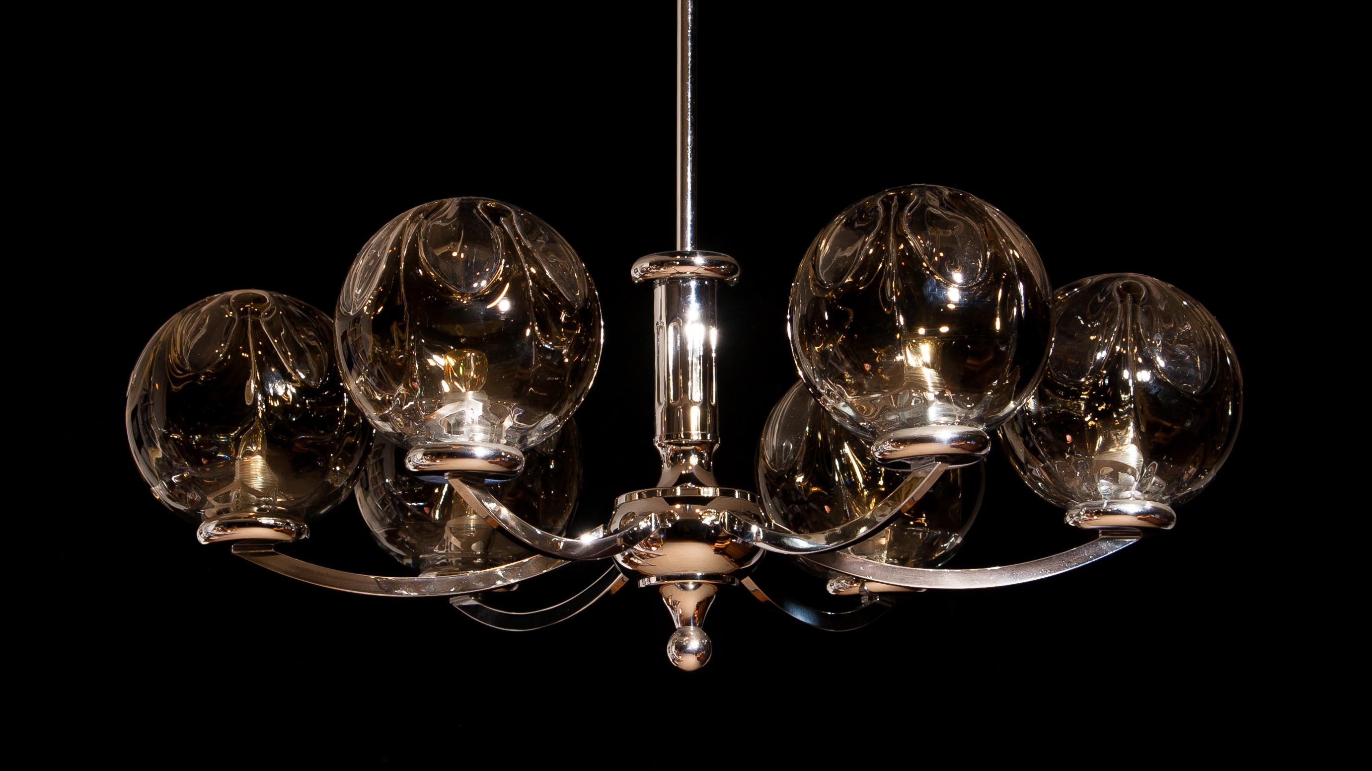 1960s, Chromed Chandelier with Six Crystal Mazzega Globes by Kaiser Leuchten In Excellent Condition In Silvolde, Gelderland
