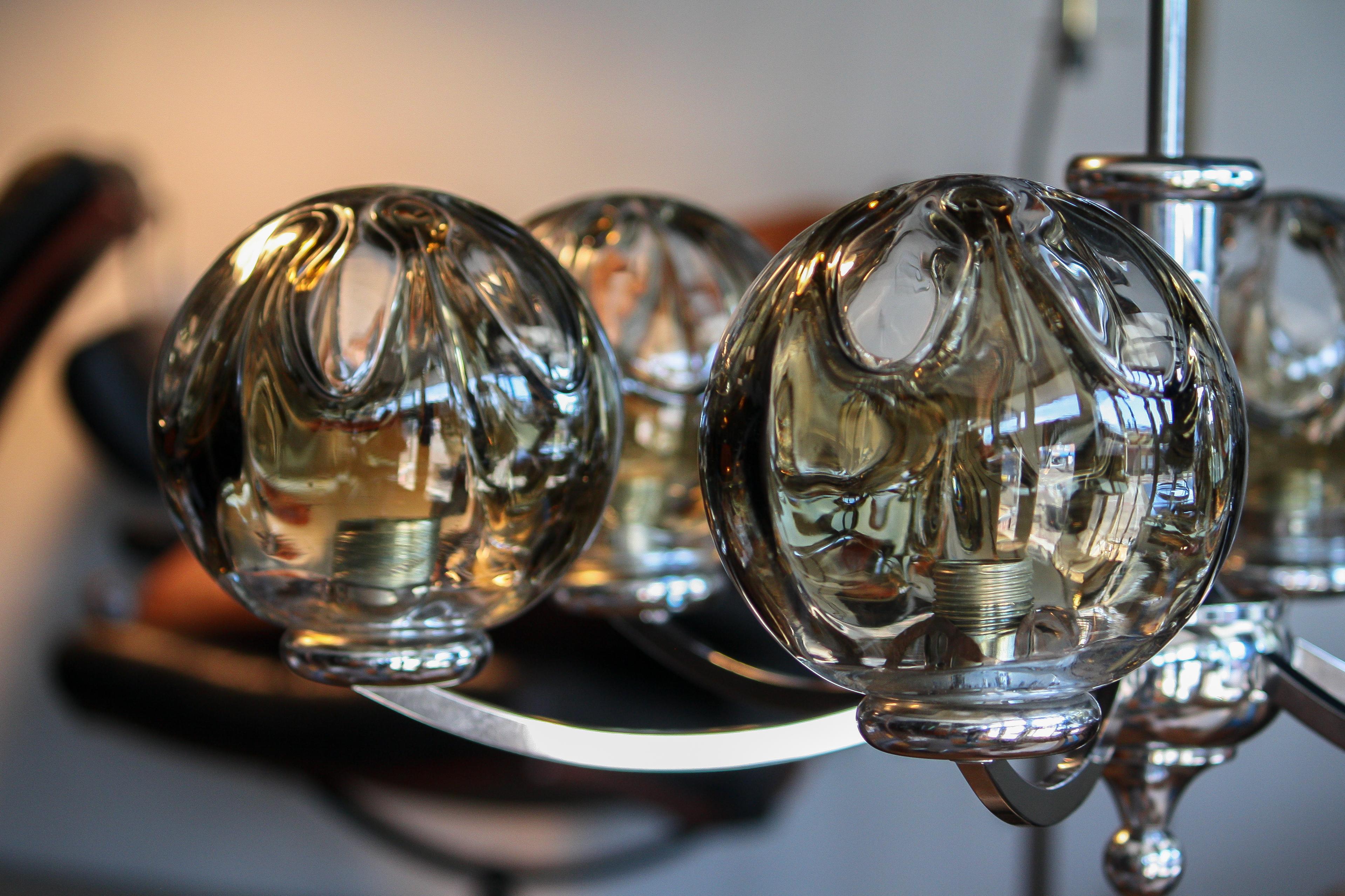 Mid-20th Century 1960s, Chromed Chandelier with Six Crystal Mazzega Globes by Kaiser Leuchten