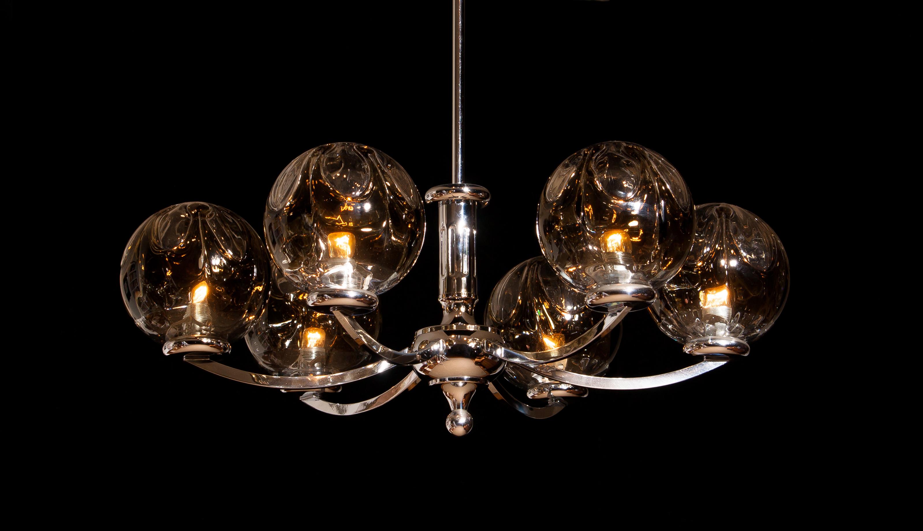 1960s, Chromed Chandelier with Six Crystal Mazzega Globes by Kaiser Leuchten 2