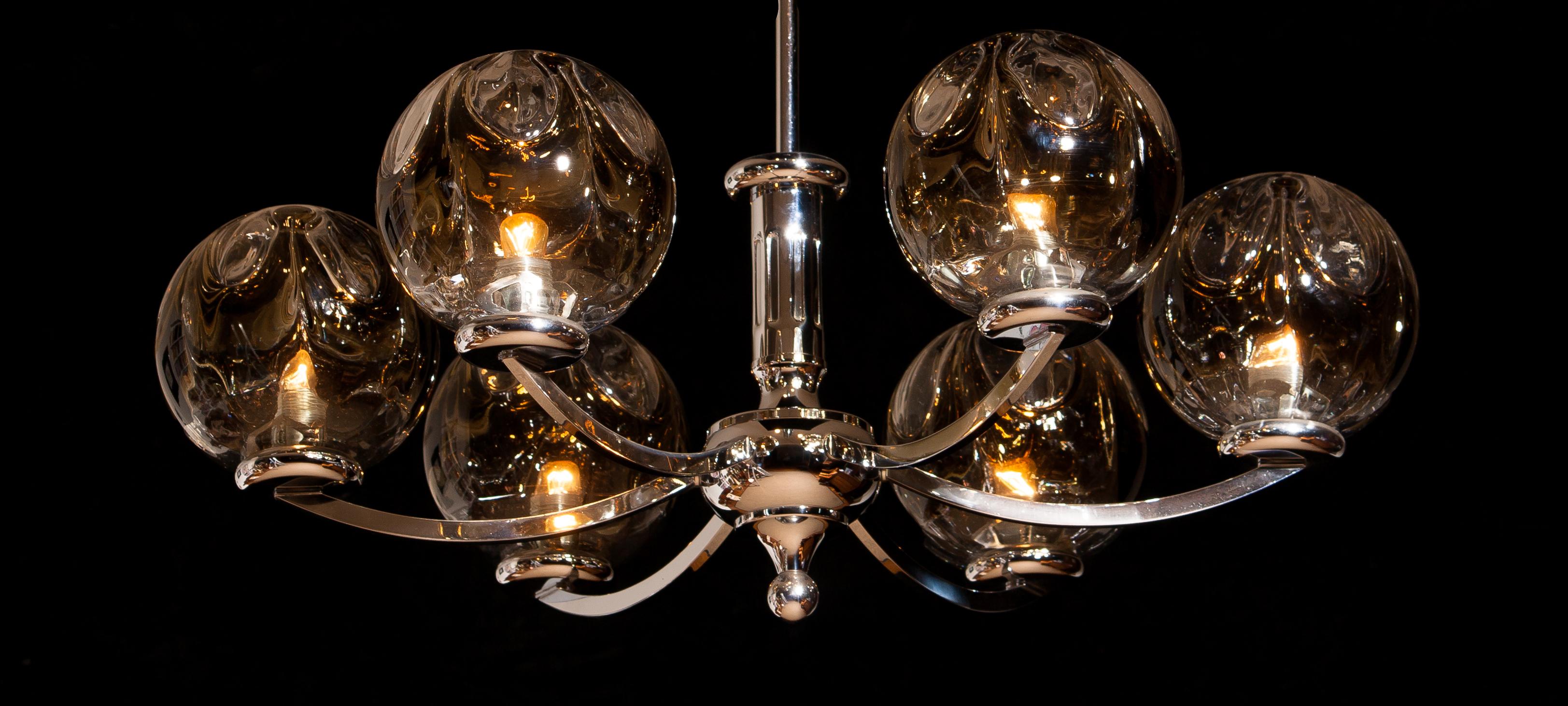 1960s, Chromed Chandelier with Six Crystal Mazzega Globes by Kaiser Leuchten 3