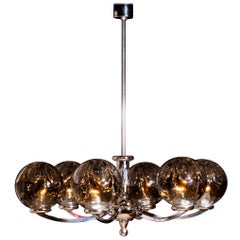 1960s, Chromed Chandelier with Six Crystal Mazzega Globes by Kaiser Leuchten