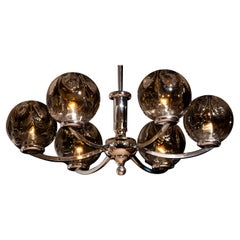 1960s, Chromed Chandelier with Six Crystal Mazzega Globes by Kaiser Leuchten