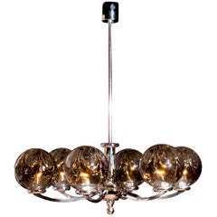 1960s, Chromed Chandelier with Six Crystal Mazzega Globes by Kaiser Leuchten