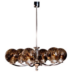 1960s, Chromed Chandelier with Six Crystal Mazzega Globes by Kaiser Leuchten