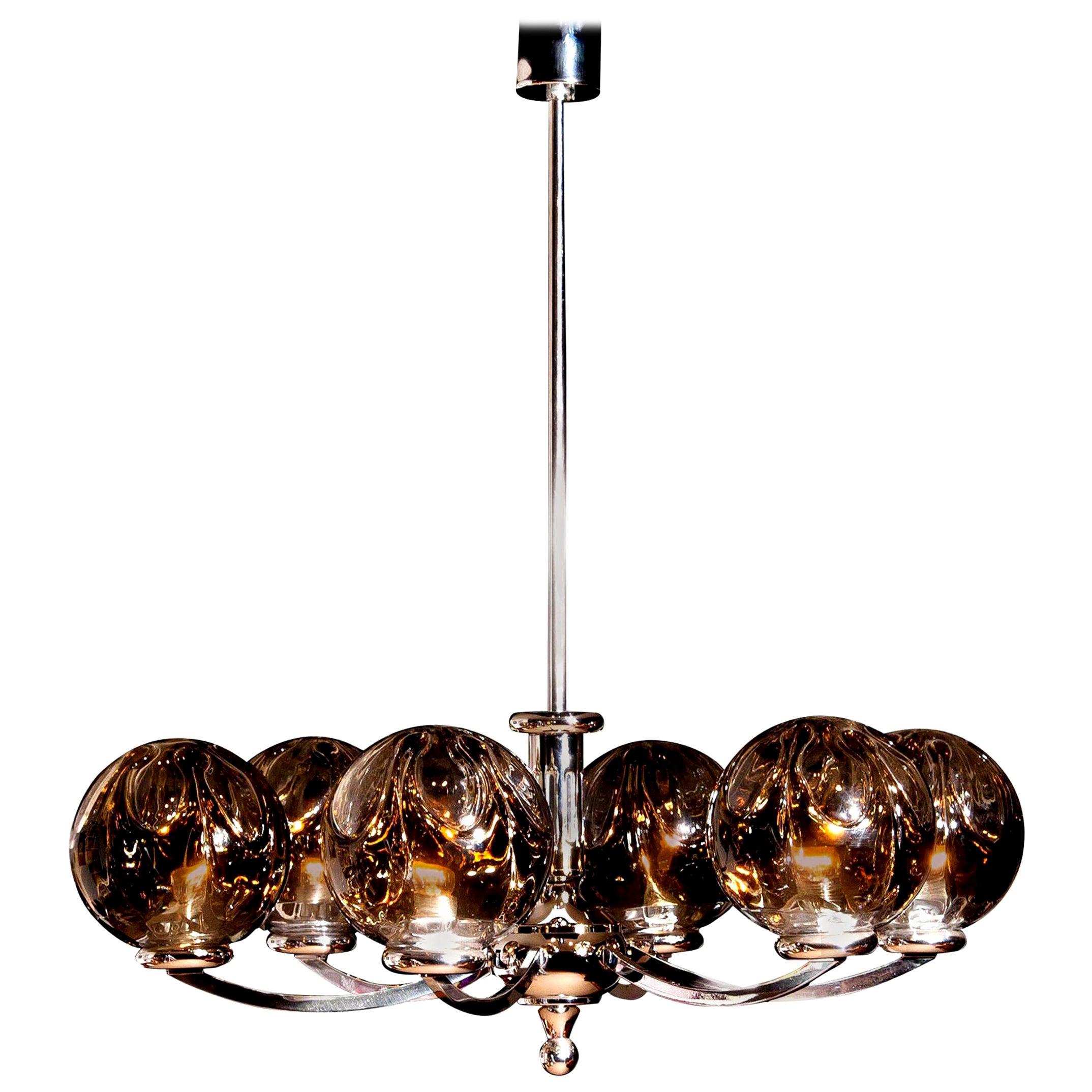 1960s, Chromed Chandelier with Six Crystal Mazzega Globes by Kaiser Leuchten