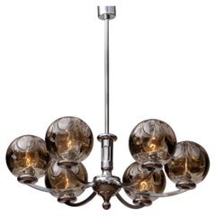 1960s, Chromed Chandelier with Six Crystal Mazzega Globes by Kaiser Leuchten