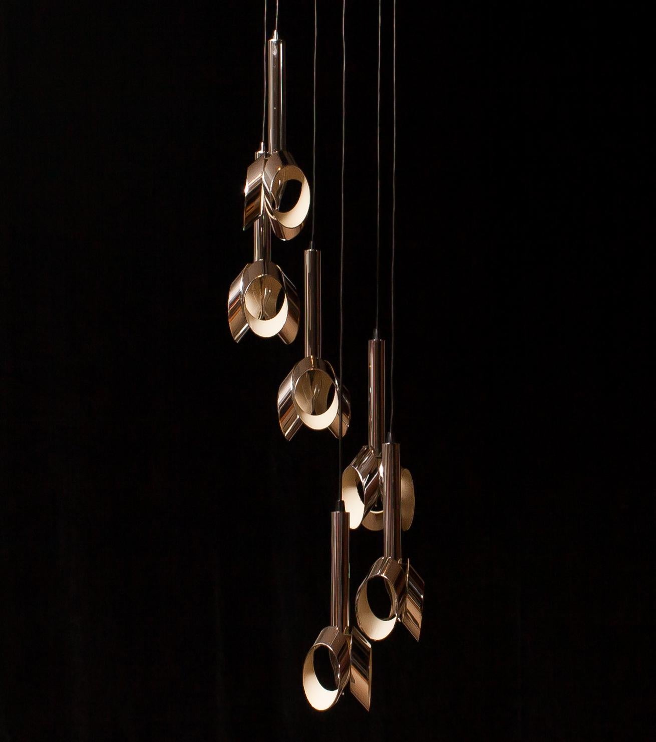 1960s, Chromed Metal Ceiling Lamp Chandelier by RAAK, Amsterdam 1