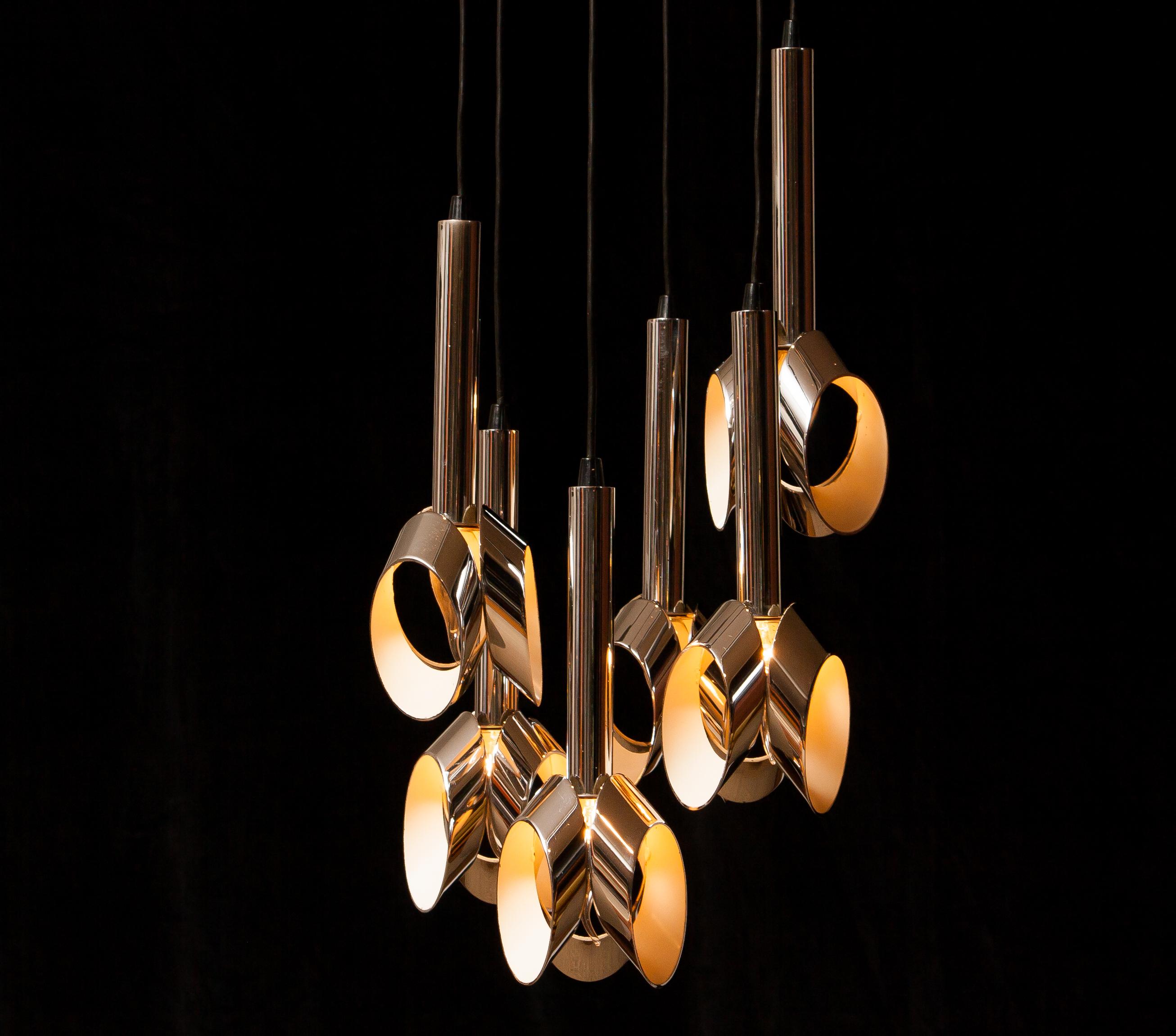 1960s, Chromed Metal Ceiling Lamp Chandelier by RAAK, Amsterdam 2