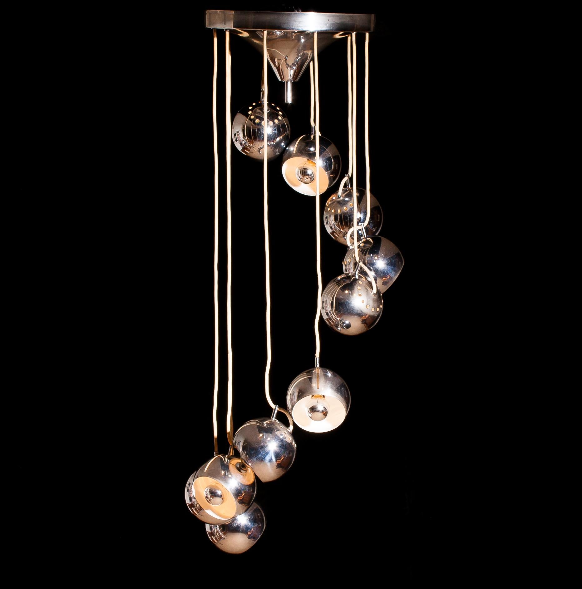 Space Age 1960s, Chromed Waterfall Chandelier with Adjustable Globes by Lampadari Reggiani