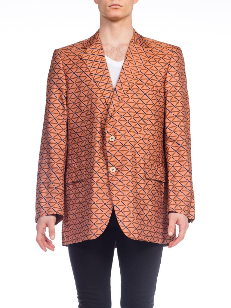 1960S Cinnamon Brown Silk Men's Hand Block Printed Hawaiian Blazer XL