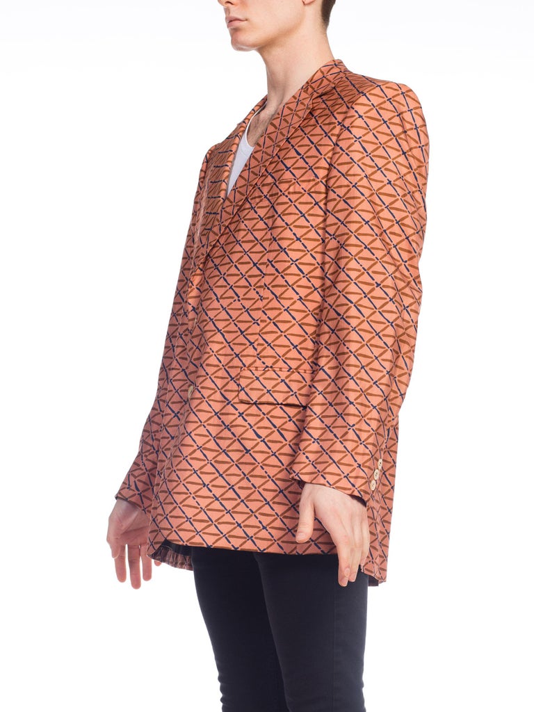 1960S Cinnamon Brown Silk Men's Hand Block Printed Hawaiian Blazer XL