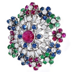 1960S Circular Cluster Ruby Sapphire Diamond Clip 18k Gold Brooch Pin