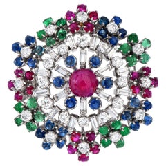 1960S Circular Cluster Ruby Sapphire Diamond Clip 18k Gold Brooch Pin